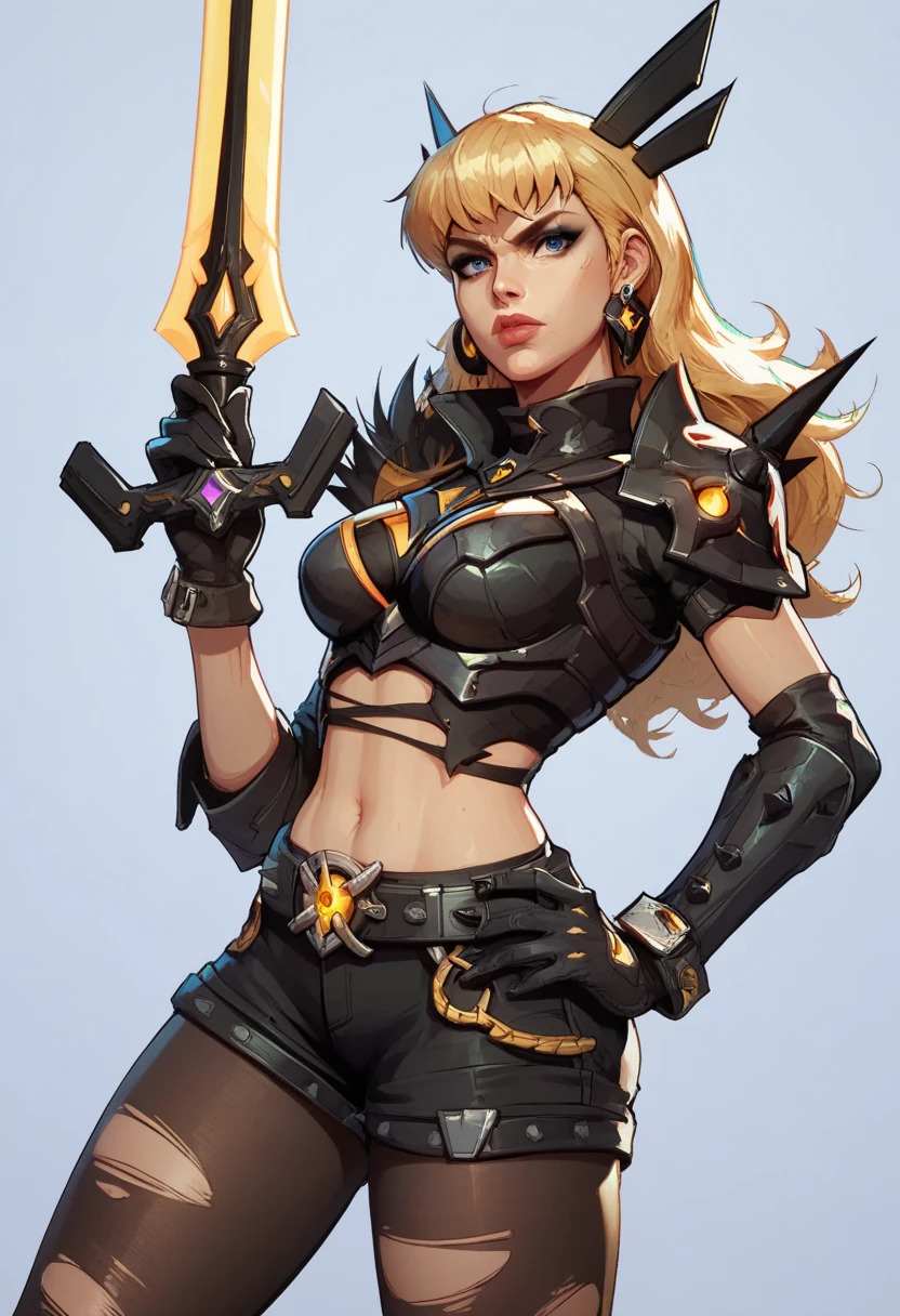 score_9, score_8_up, score_7_up, score_6_up, expressiveh, magik_rivals, 1girl, solo, cowboy shot, blonde hair, long hair, hair accessory, eyeliner, blue eyes, earrings, cropped bodysuit, black bodysuit, armor, belt, gloves, black gloves, black clothes, pauldrons, midriff, navel, short shorts, yellow details, pantyhose, ripped pantyhose, spikes, holding sword, holding weapon, huge weapon, magik sword, glowing sword, yellow sword, weapon, posing, hand on hips, simple background, simple background, geometric shapes
