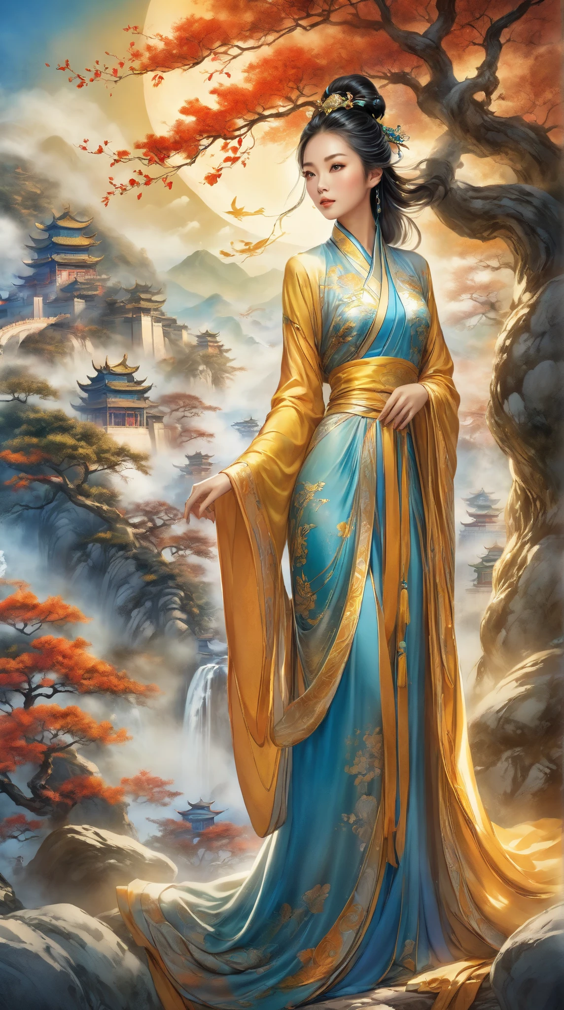 Mural  ， from the tree of the fantasy world，illustration,  a beautiful Chinese woman ，Standing next to a stone ， watching people ， high detail,  Ultra HD,  Shine Effect , 