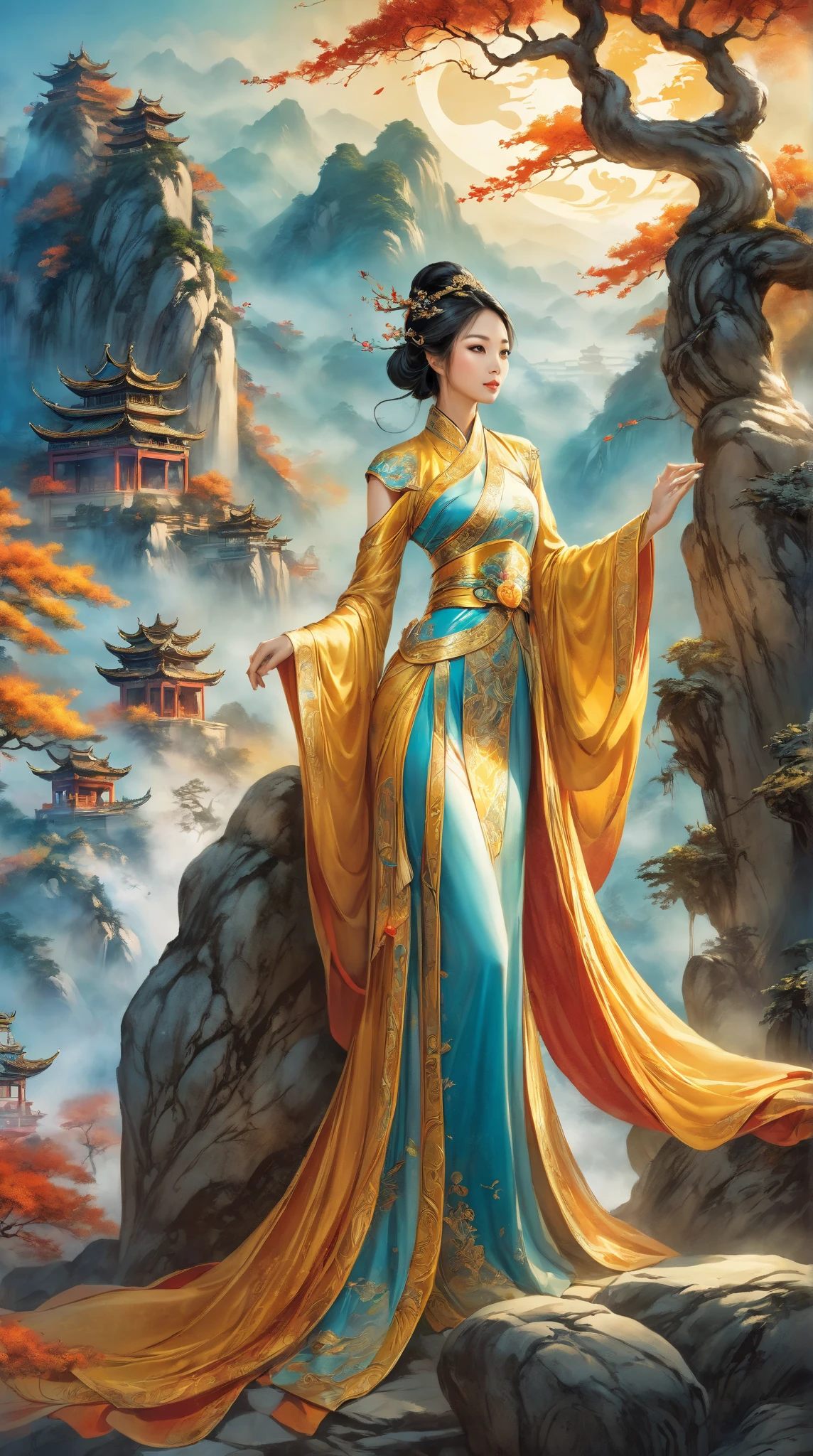 Mural  ， from the tree of the fantasy world，illustration,  a beautiful Chinese woman ，Standing next to a stone ， watching people ， high detail,  Ultra HD,  Shine Effect , 