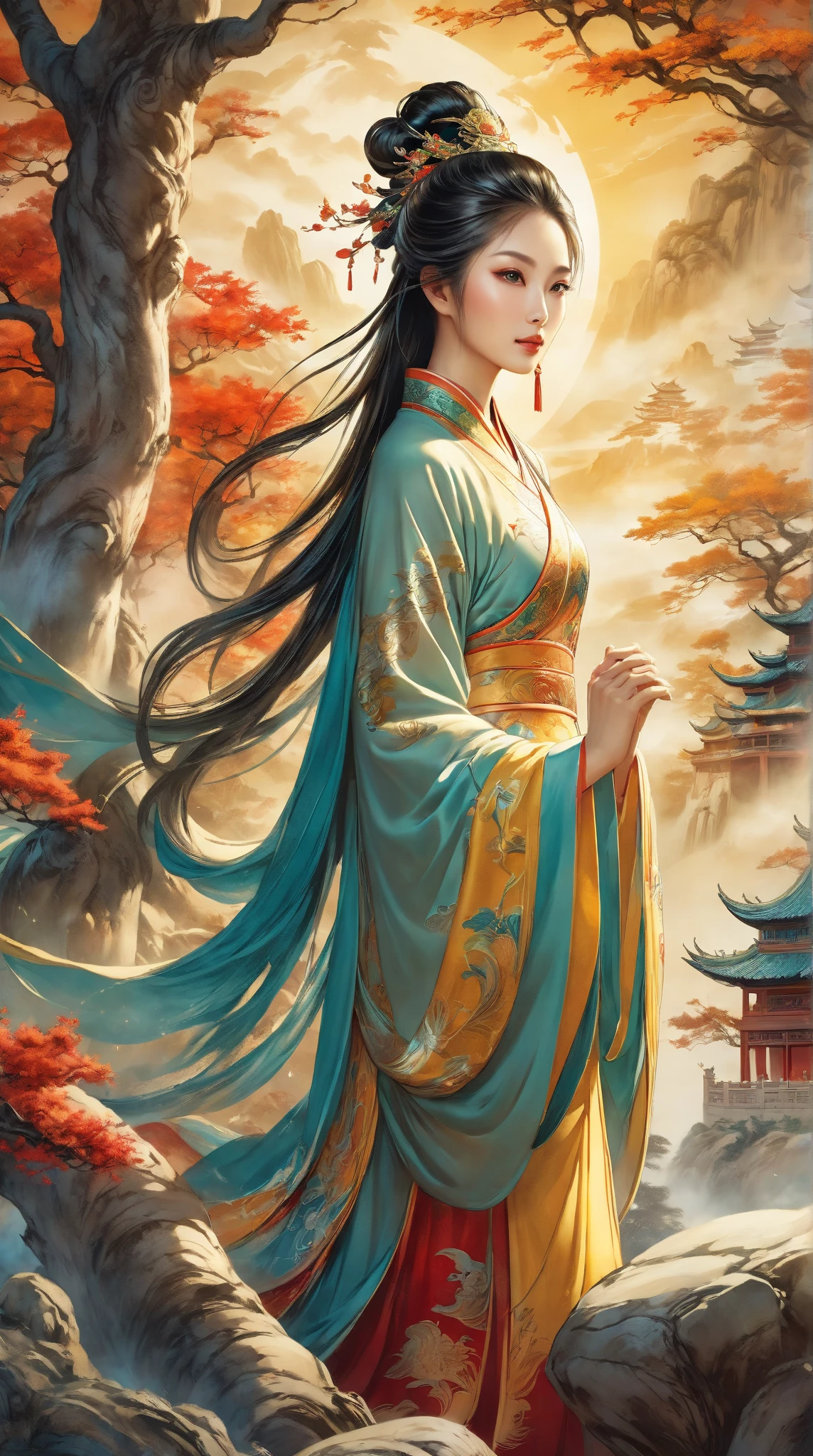 Mural  ， from the tree of the fantasy world，illustration,  a beautiful Chinese woman ，Standing next to a stone ， watching people ， high detail,  Ultra HD,  Shine Effect , 