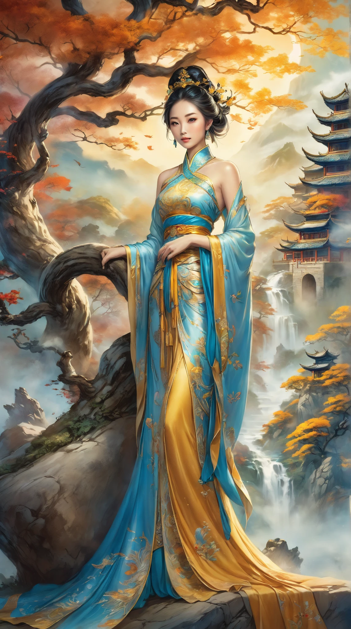 Mural  ， from the tree of the fantasy world，illustration,  a beautiful Chinese woman ，Standing next to a stone ， watching people ， high detail,  Ultra HD,  Shine Effect , 