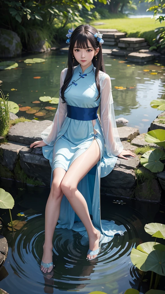A mesmerizing, high-resolution masterpiece of a young, beautiful woman wearing a colorful Chinese Hanfu. She has seductive fox ears and is situated by a lotus pond, with her clothes floating and hair flowing gracefully in the water. The intricate hand-painted details of the fantasy scene are accentuated by the simple yet impactful lines, creating a captivating and enchanting atmosphere.