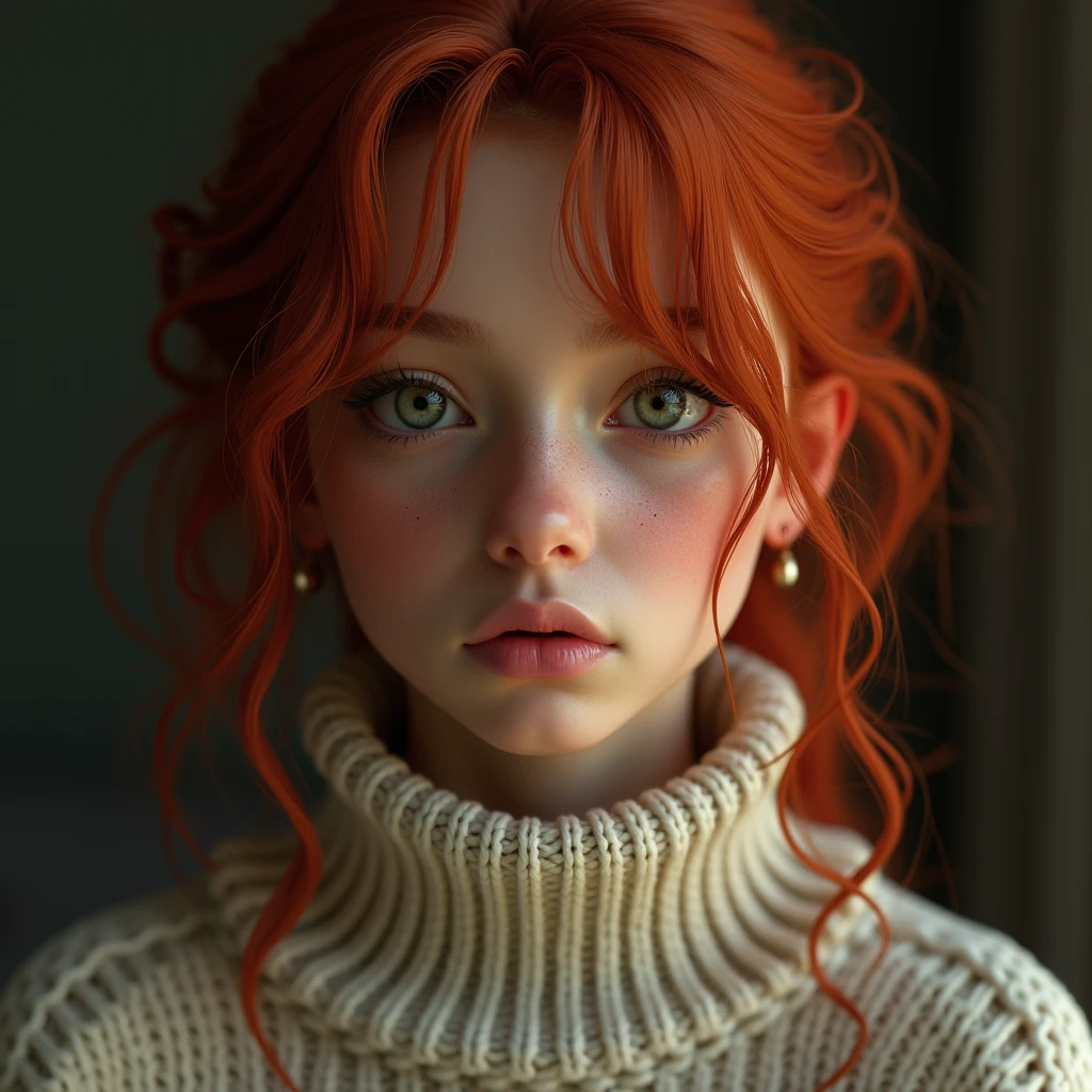 Exhausting (sweater),  portrait,  beautiful face,  red hair,   beautiful eyes of God ,  open eyes ,  hyperrealistic,  realistic texture ,  natural lighting , motor unreal , trending on ArtStation, CineStill 800,