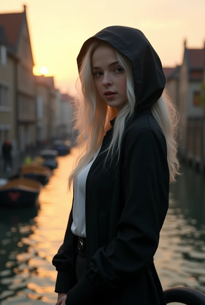 Medium shot, Medium shot, Depth of Field, Break,  upper body,  Movie Angle , masterpiece,  best quality,   super detailed , CG,   8k wallpaper,  pretty face ,  delicate eyes ,  girl,  unique ,  long white hair,  yellow pantyhose , Hairpin,  white shirt ,  black hooded jacket, Black baseball cap,  black stockings ,  black over-the-knee boots, Sunset, 中世纪port, port, Delicate water surface, Sun reflection