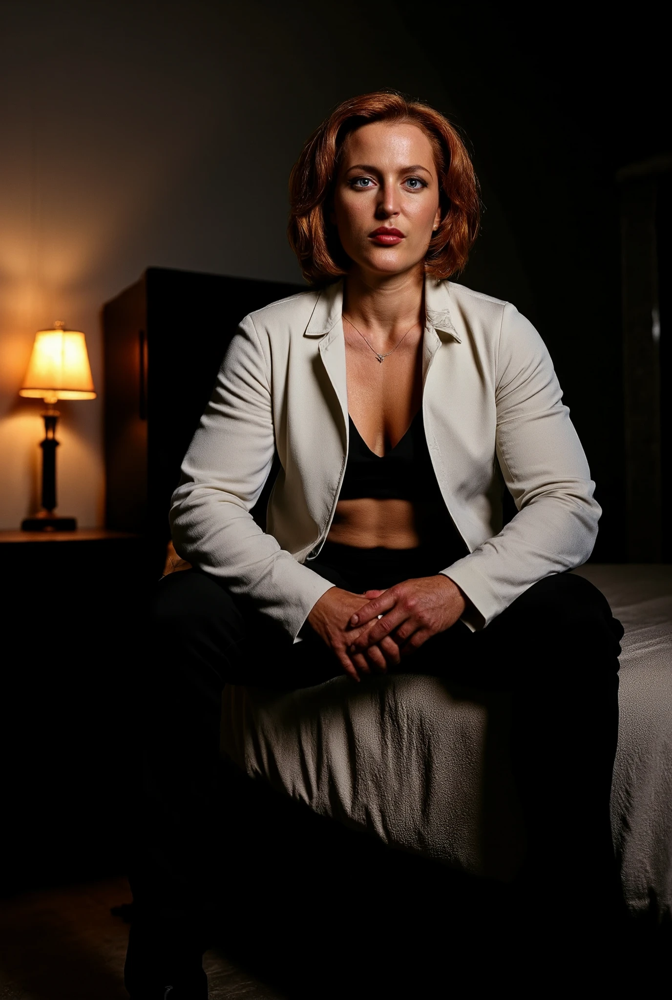 Photo realistic, movie still, Dana Scully muscle girl, MuscleMommy, sitting on bed, wearing a black formal skirt. Her white shirt is opened revealing her (6 pack abs) and cleavage, in a decaying motel room, very dark lighting, only light source is a small bedside lamp, highlighting her (visible muscles), (biceps )and 6 pack (abs), delts/shoulders