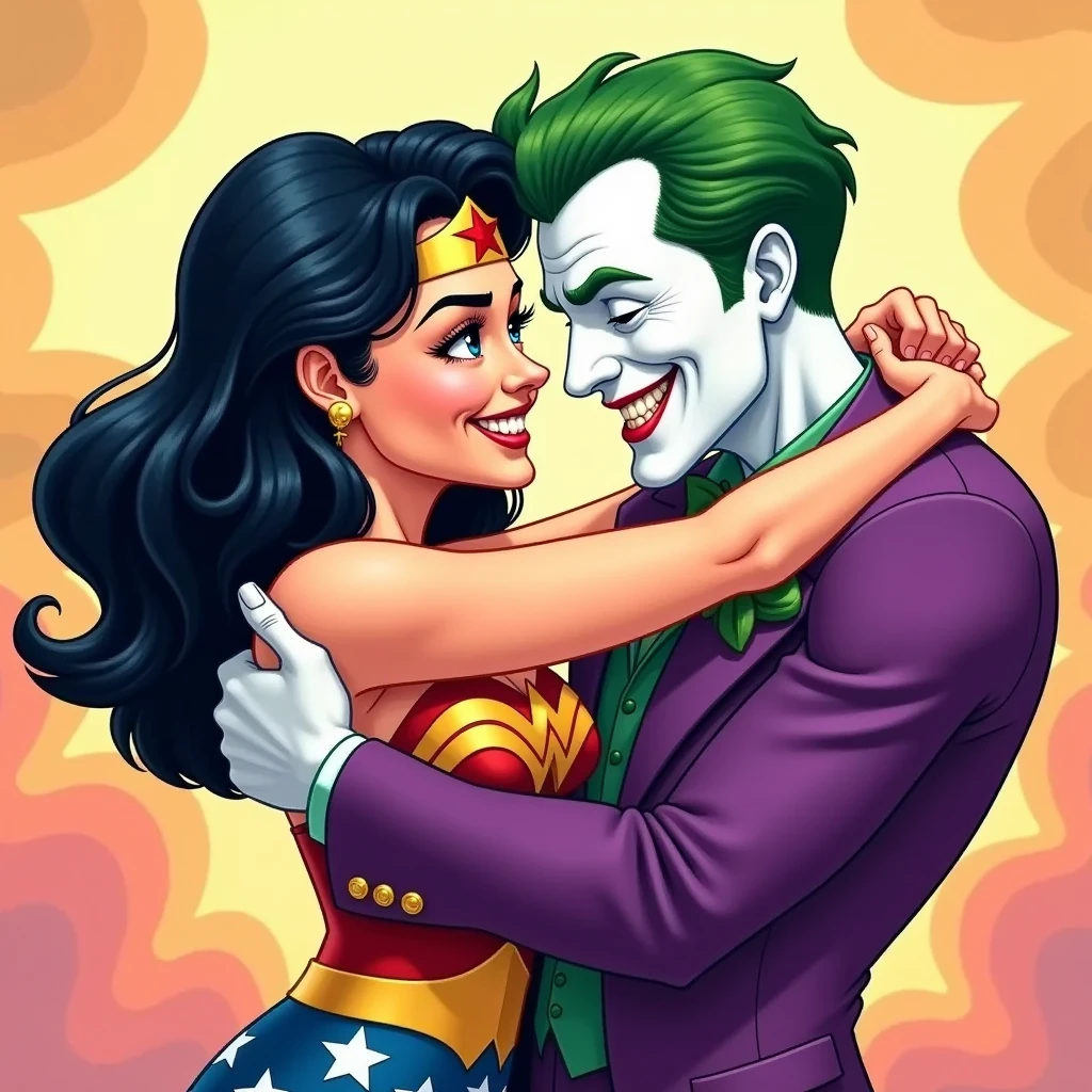 Wonder Woman Cuddles The Joker - Cartoon Style