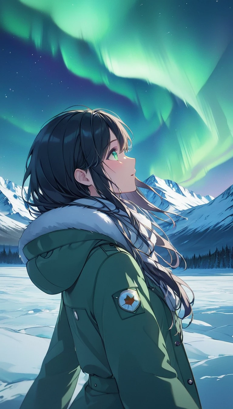 (((Best quality, 8k, Masterpiece: 1.3)), ((best quality)), ((masterpiece)), (detailed), perfect face, perfect body, (detailed skin:1.3), (intricate details), A 20-something French woman enjoying a trip to the Nordic regions, standing under a breathtaking aurora borealis in the night sky. She has shoulder-length dark hair and is wearing a stylish winter outfit, including a warm parka, scarf, and gloves, perfect for the chilly Arctic weather. The vibrant green and purple colors of the aurora illuminate the snow-covered landscape, creating a dreamlike and magical atmosphere. She looks upward in awe, her face softly lit by the shimmering lights. The scene includes a snowy expanse, distant mountains, and a small wooden cabin glowing faintly in the background, adding a cozy touch to the vast wilderness