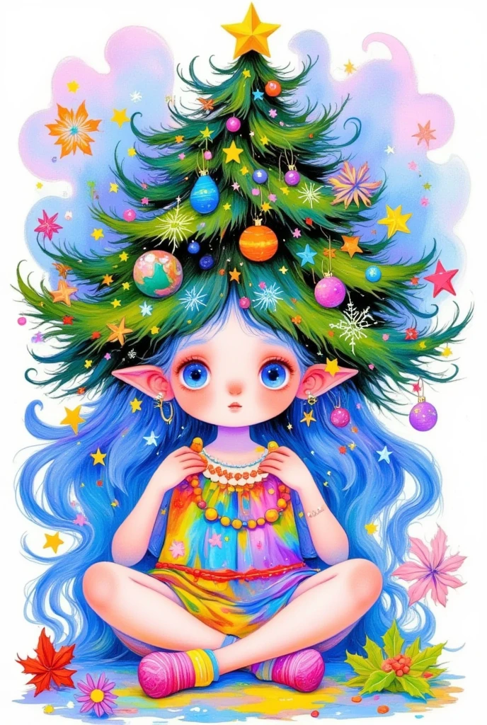 there is a cartoon girl with a christmas tree on her head, jen bartel, magical tree, seasons!! : 🌸 ☀ 🍂 ❄, colorfull illustration, a beautiful artwork illustration, with a tall tree, christmas tree, magic tree, fairy-tale illustration style, by JoWOnder, lady with glowing flowers dress, anime girl with cosmic hair, magical dress