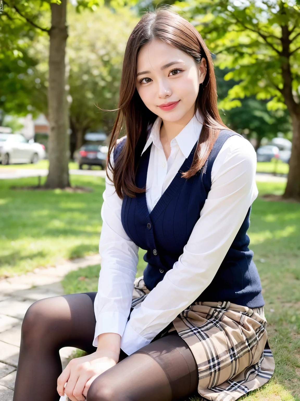 (((masterpiece))), (((highest quality: 1.4))), ((Super Detail: 1.4)) ,ulzzang-6500-v1.1,  (RAW Photos:1.2), (Photorealistic),(Genuine: 1.4), (Mastepiece), highest quality, shape, Very detailed, finely, High resolution, 8k wallpaper, 完璧なダイナミックな構shape, Beautiful and detailed, (Plaid vest), , A tough challenge, (Ultra-realistic pantyhose:1.2), Skirt and medium hair,, Natural color lip, Bold sexy pose, Sitting on a park bench、(A very loving smile:1.2)、23-year-old woman、cute、sexy shot looking at camera, Realistic skin texture、Shiny skin、Exposed thighs!!! (Full Body Shot:1.4), Natural Skin Shader, Volumetric, Warm shades beneath her skin,
