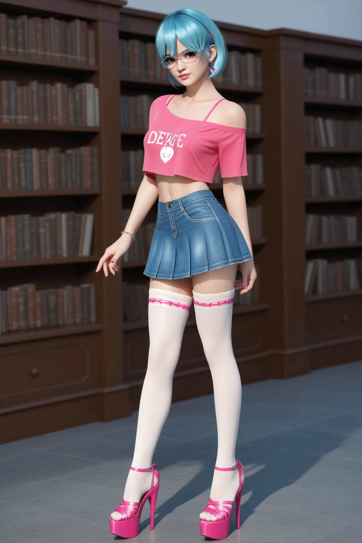 nico, score_9, score_8_up, score_7_up, zPDXL3, (nico looks like in Dead or Aive saga), (CyberRealistic_Negative_PONY), (pink one-shoulder translarent crop top with very deep decolte, denim micro skirt, ping laced thong, stockings, pink platform high heels, earrings, glasses), (sexy), (she is in the library)