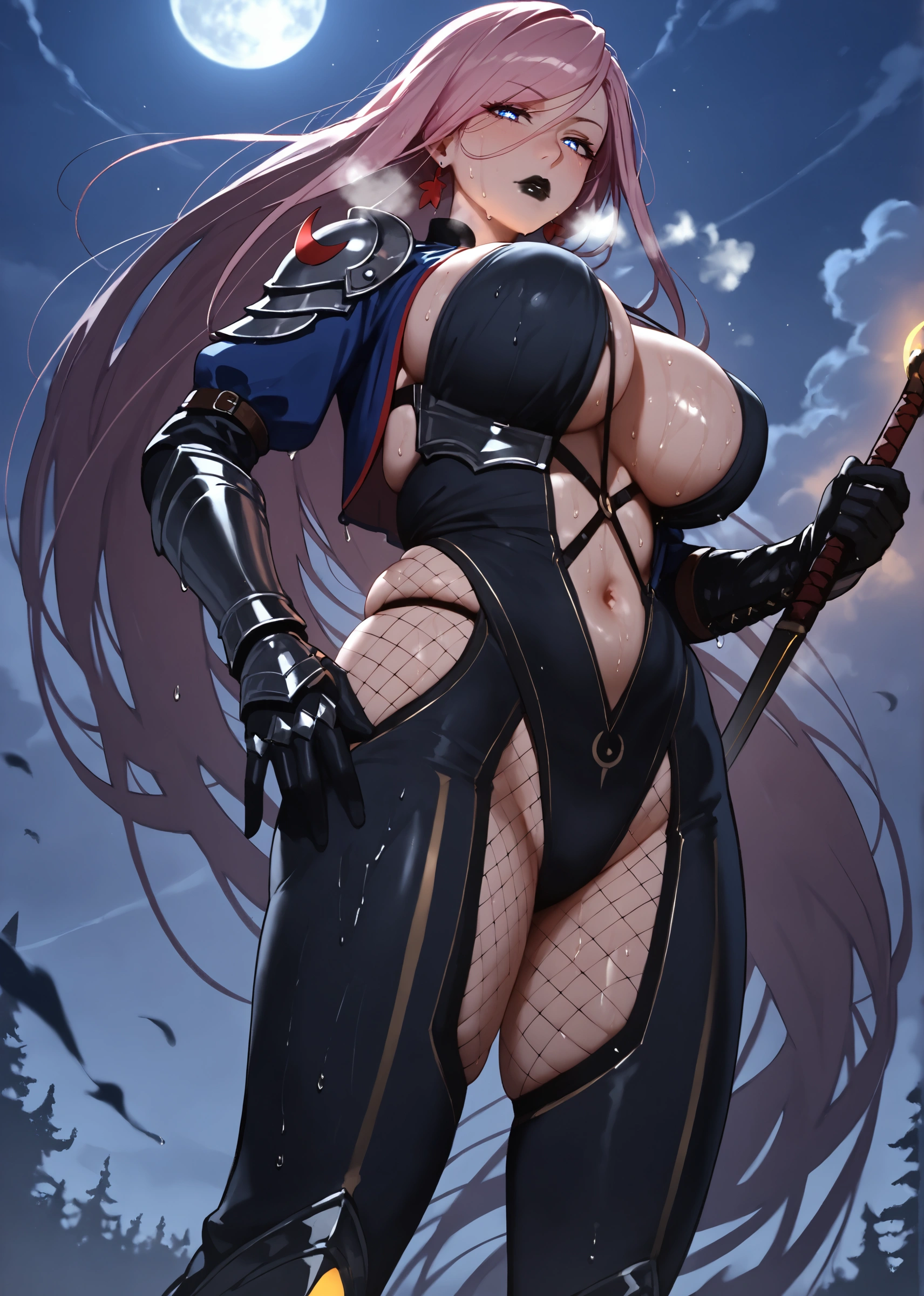 score_8_up, score_6_up, miyamoto musashi, pink hair, earrings, ponytail, asymmetrical hair, swept bangs, blue eyes, (black lipstick, black lips:1.3), large breasts, BREAK detailed eyes, (perfect hands, perfect anatomy), detailed eyes, (perfect hands, perfect anatomy), (skindentation:1.2), Anime Style, Manga Style, Hand drawn, cinematic, Sharp focus, humorous illustration, big depth of field, Masterpiece, concept art, trending on artstation, Vivid colors, Simplified style, trending on ArtStation, trending on CGSociety, Intricate, Vibrant colors, Soft Shading, Simplistic Features, Sharp Angles, Playful, excessive sweating, sweating profusely, sweating drop, (gasping, heavy breathing:1.2), (aura:1.2), (glow effect:1.2), BREAK solo, looking_at_viewer, wet, wet_clothes, standing, collarbone, outdoors, backlighting, ((protruding breasts:1.3)), magic, fantasy, BREAK, 1girl, breasts, solo, thighs, looking at viewer, bodysuit, large breasts, weapon, navel, fishnets, night, center opening, gauntlets, moon, gloves, sword, night sky, black gloves, sky, cleavage, large breasts, glow effect, magic-realism, sweating, sweating profusely, excessive sweating, sweating drop, gasping, heavy breathing, thight, half-closed eyes, thigh, thick, plump, looking at viewer
