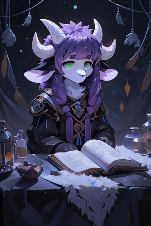 goat girl , anthro,  wild goat, female goat ,  plump body , break, white goat head, ( purple hair), Straight bangs,  Trimmed Back Hair,  green eyes, White body, (spiral black goat horn),  white goat ears , Fluffy, Bored expression,  zitoida,  Sister Outfit,  face forward, break, spiral stage, Curtain of light, The void