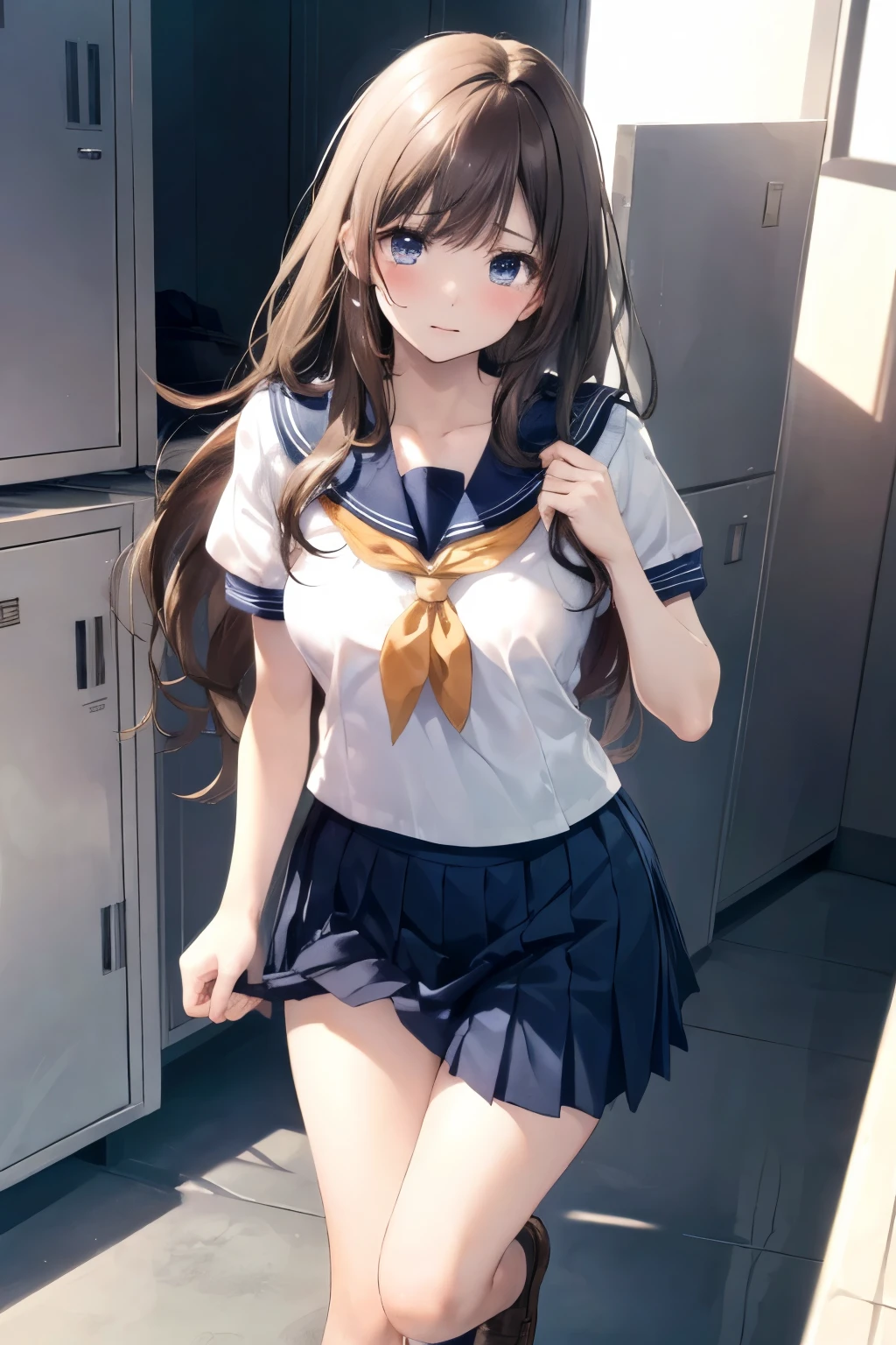 ((( perfect anatomy,  anatomically accurate,  super detailed skins))),  1 girl,  Japanese , high School girl,  pubic skin,  stares at viewers, 
Detailed hair ,  detailed face ,  detail eyes, ( long hair:1.4,  straight hair:1.7),  split bang:1.5,  light brown hair ,  blue eyes,  ********* ,  moles under eyes, 
 beautiful collarbone,  beautiful body,  Beautiful breasts ,  Big Breasts :0.5,   beautiful thighs,  beautiful legs,  camel toe , 
((DETAILED CLOTH TEXTURE, Short sleeve,  cute sailor uniforms all dark blue,  dark blue pleated skirt ,  dark blue sailor color , Sailor scarf, socks,  brown loafers)),  seductive thighs , 
(( Embarrassing , [Frightened, tears,  with her mouth ajar )),  standing with different breasts , ((( in), Take off,  raises one leg below the foot, Light pink panty pull)), 
( Beautiful Scenery ), summer, School, locker room, 
8k, top quality, masterpiece:1.2,  very detailed), ( Photorealistic :1.2),  beautiful illustration ,  natural light,