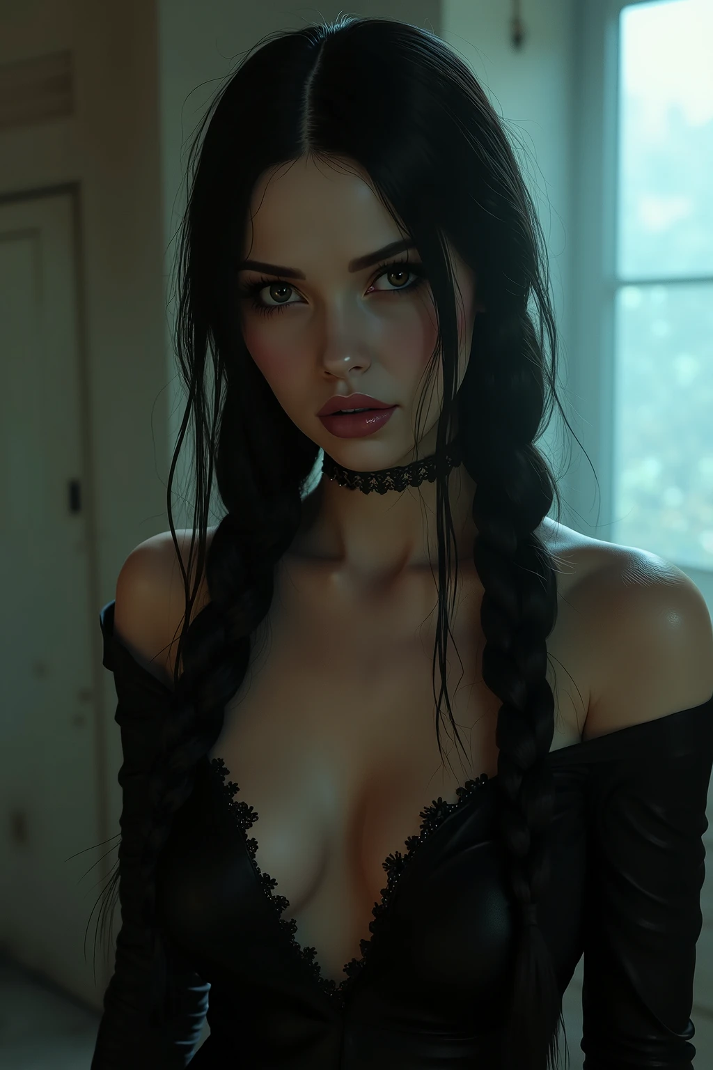 arafed woman in a black dress posing for a picture, with black pigtails, cleavage, seductive cyberpunk dark fantasy, alena aenami and artgerm, anna nikonova aka newmilky, maxim sukharev, wlop and ross tran, black bra, portrait sophie mudd, by Ren Xiong, gothic maiden, sexy gaze