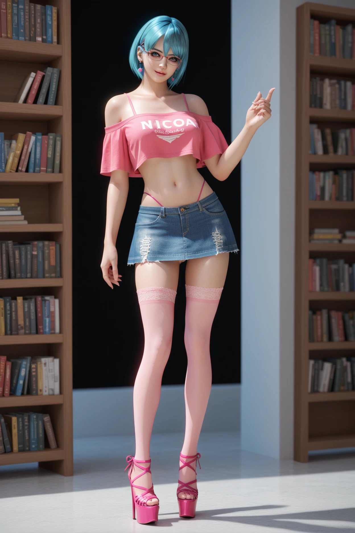 nico, score_9, score_8_up, score_7_up, zPDXL3, (nico looks like in Dead or Aive saga), (pink one-shoulder translarent crop top with very deep decolte, denim micro skirt, ping laced thong, stockings, pink platform high heels, earrings, glasses), (sexy), (she is in the library)