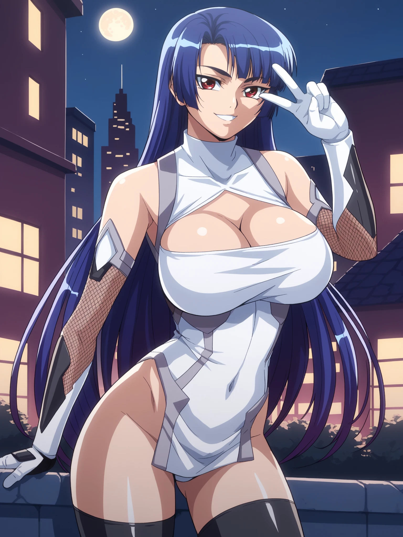 score_9, score_8_up, score_7_up, score_6_up, uncensored, source_anime, shadows, BREAK,
A girl, standing, hand up, showing V sign, 
yatsu murasaki, 1girl, mature female, solo, cowboy shot, close-up, 
looking at viewer, smile,
red eyes, blue hair, long hair, bangs,
bare shoulders, elbow gloves, fishnets, taimanin suit, thigh boots, cleavage,
curvy, huge breasts, covered navel, thighs,
outdoors, night, cityscape, on rooftop, moon,
