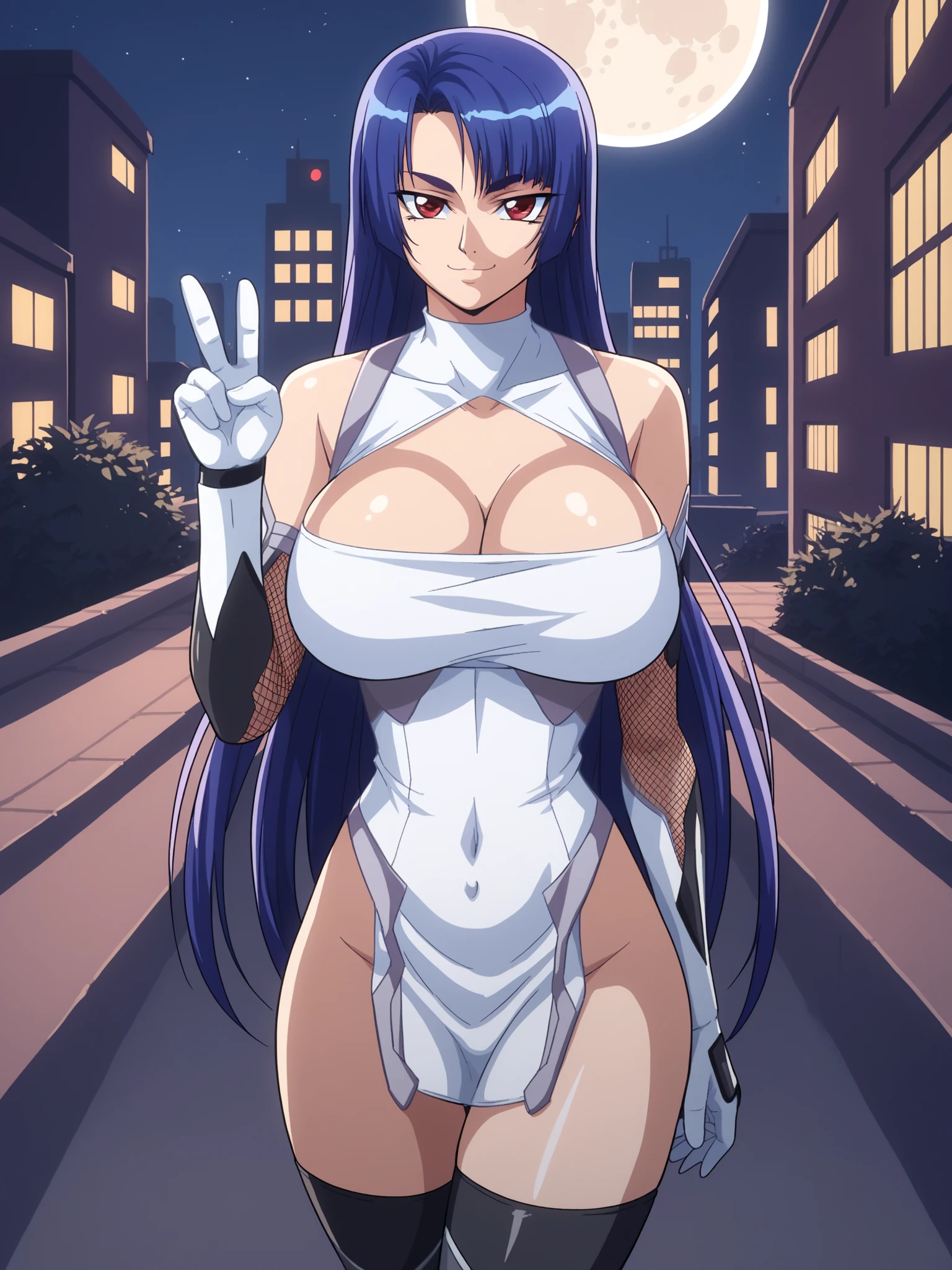 score_9, score_8_up, score_7_up, score_6_up, uncensored, source_anime, shadows, BREAK,
A girl, standing, hand up, showing V sign, 
yatsu murasaki, 1girl, mature female, solo, cowboy shot, close-up, 
looking at viewer, smile,
red eyes, blue hair, long hair, bangs,
bare shoulders, elbow gloves, fishnets, taimanin suit, thigh boots, cleavage,
curvy, huge breasts, covered navel, thighs,
outdoors, night, cityscape, on rooftop, moon,
