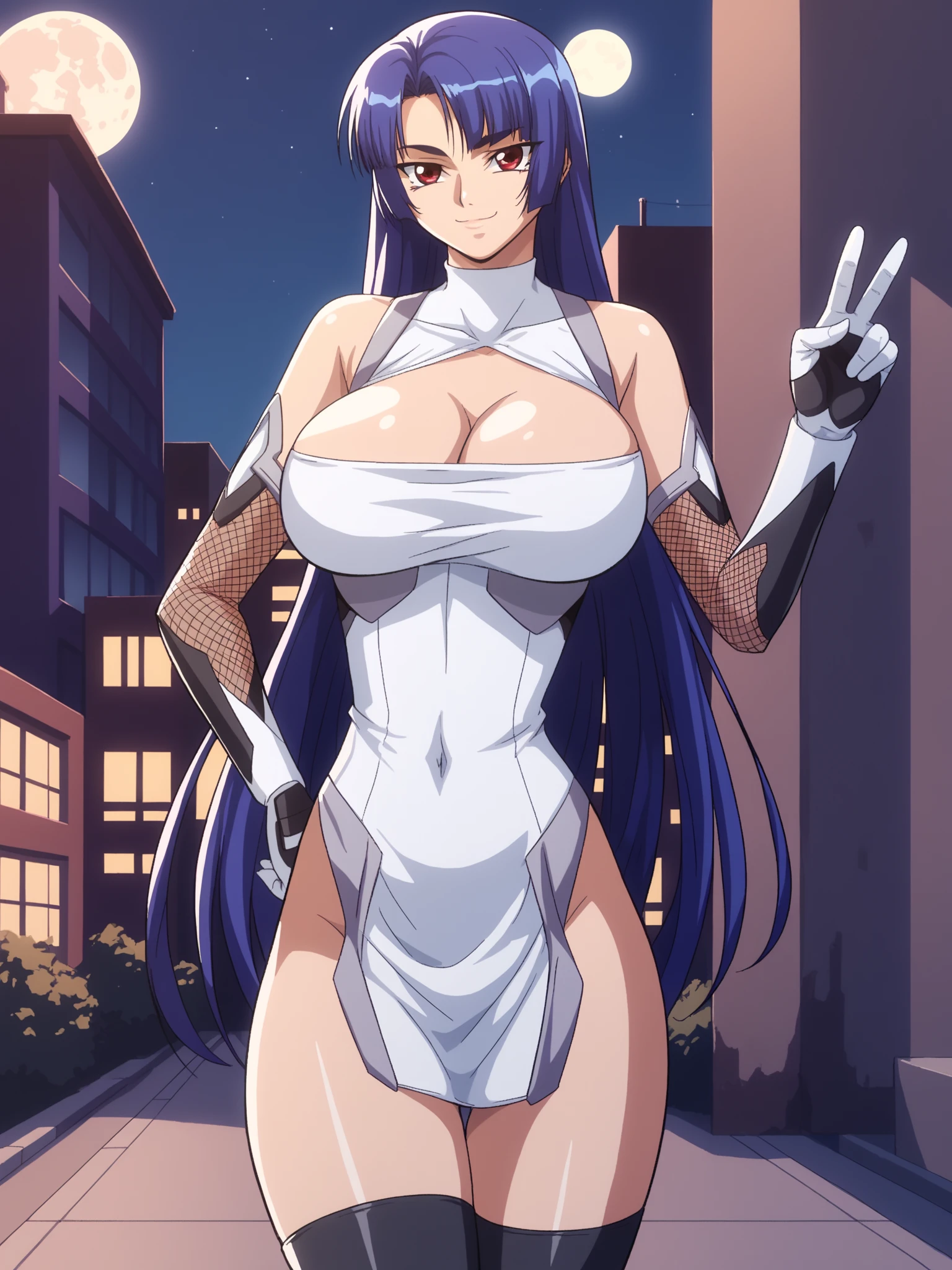 score_9, score_8_up, score_7_up, score_6_up, uncensored, source_anime, shadows, BREAK,
A girl, standing, hand up, showing V sign, 
yatsu murasaki, 1girl, mature female, solo, cowboy shot, close-up, 
looking at viewer, smile,
red eyes, blue hair, long hair, bangs,
bare shoulders, elbow gloves, fishnets, taimanin suit, thigh boots, cleavage,
curvy, huge breasts, covered navel, thighs,
outdoors, night, cityscape, on rooftop, moon,
