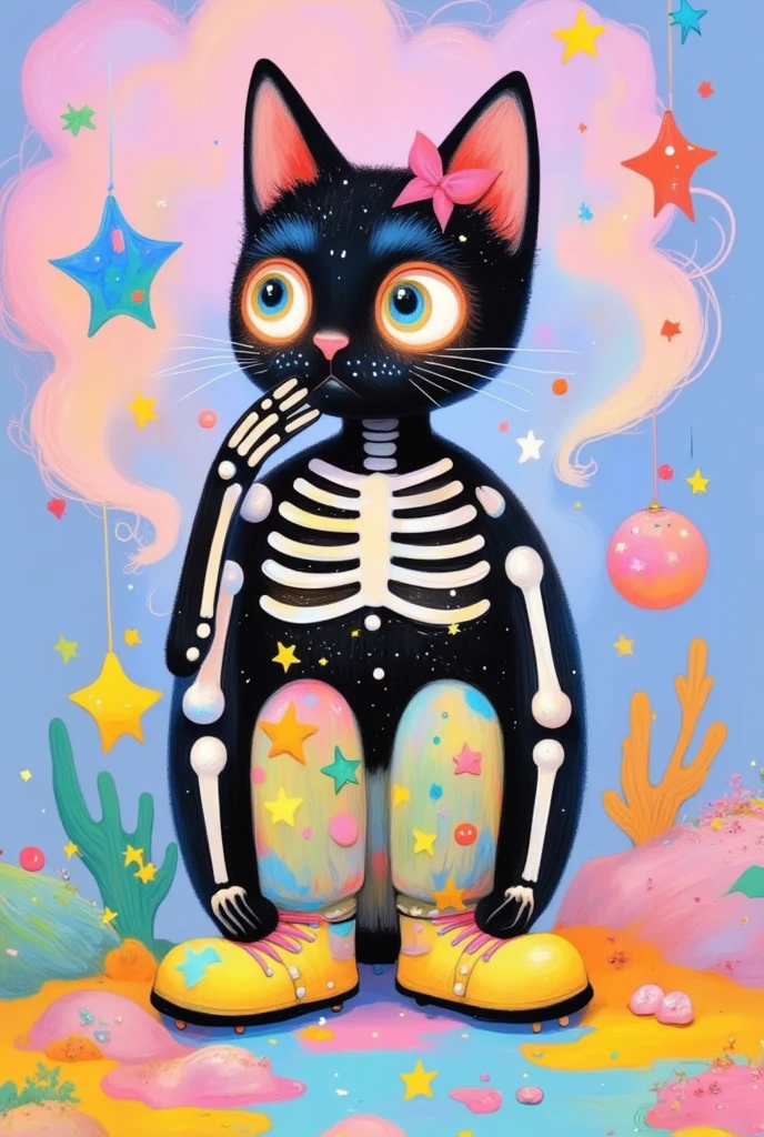 miniature, comic,Individual Characteristics, diverse features,Skeletal Specimen Bone black cat The anthropomorphic character makes a thoughtful pose, features: ((black cat, shining eyes, pink Bow)),in the style of Pop Culture of the 70's,harumi hironaka,Mark Briscoe,Kōhei Horikoshi,ultra detailed,elaborate,dof,Full Body,Octane Render. 24k,clear,chibi-style,Delicate brushwork,blink-and-you-miss-it detail,hyper maximalist,Anti-Aliasing,Tone Mapping,hyper thick outline, high contrast, shading, and a very high level of detail. high contrast,shading.