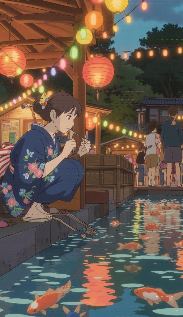 (Masterpiece, High Quality, High Resolution, 4K, 8k, Detail), A young woman in a navy blue yukata with a morning glory (asagao) floral pattern is crouched near a traditional goldfish scooping stand at a summer festival. She is holding a delicate paper scooper (poi) in one hand and gazing intently into the water as colorful goldfish swim below. Her yukata is tied with a vibrant red and white striped half-width obi, and her hair is styled in a casual updo with a small flower hairpin. The warm glow of festival lanterns illuminates the scene, reflecting off the water and creating a nostalgic and festive atmosphere. Surrounding her are other festival-goers and small stalls in the background.

