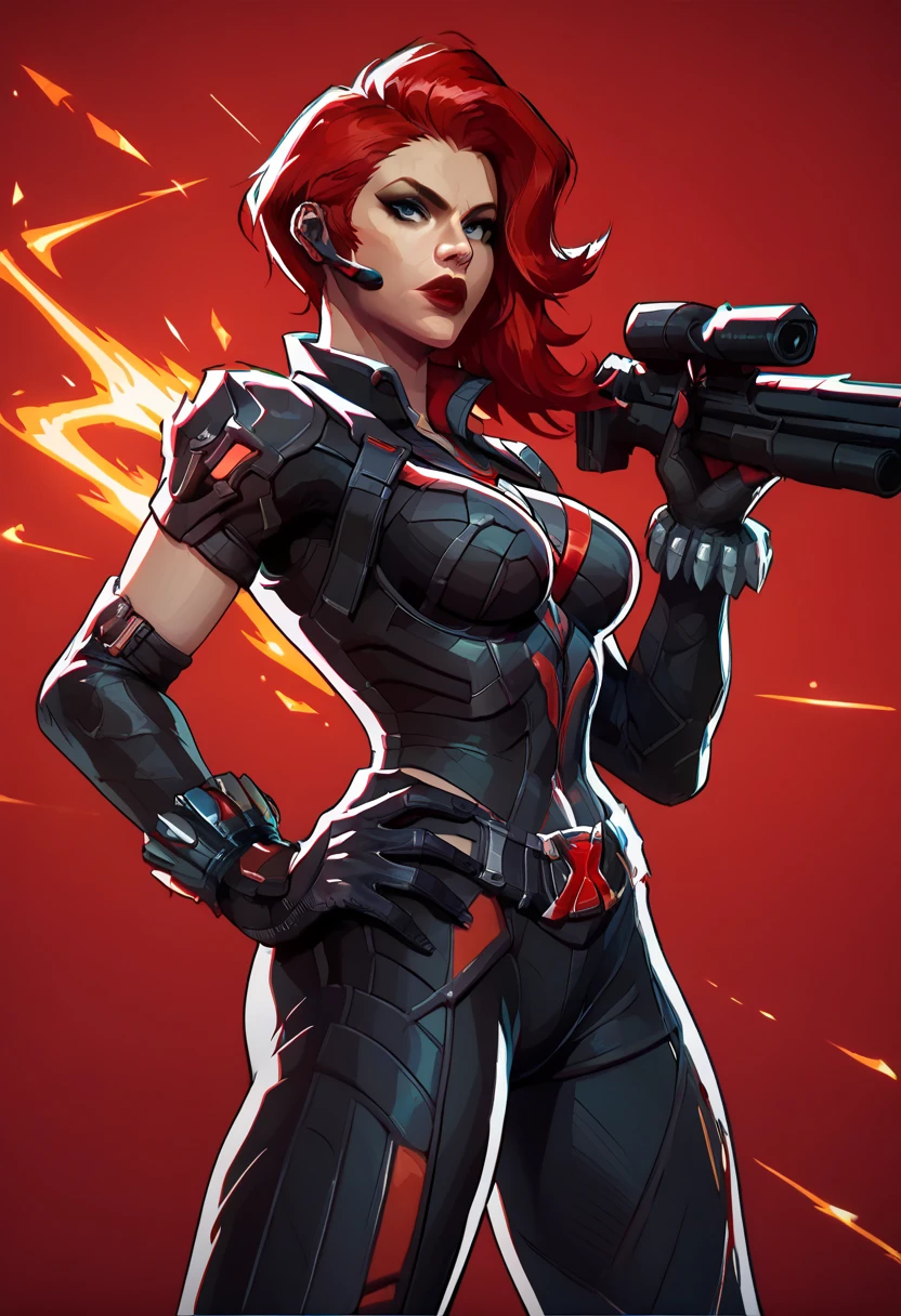 score_9, score_8_up, score_7_up, score_6_up, expressiveh, blackwidow_rivals, 1girl, solo, cowboy shot, red hair, asymmetrical hair, headset microphone, eyeliner, blue eyes, red lips, bodysuit, black bodysuit, gloves, black gloves, forearm guns, black clothes, red details, red glow, baton_(weapon), holding weapon, sniper rifle, holding sniper rifle, huge weapon, posing, hand on hips, red sparks, red background, geometric shapes, looking at viewer, geometric pattern on background
