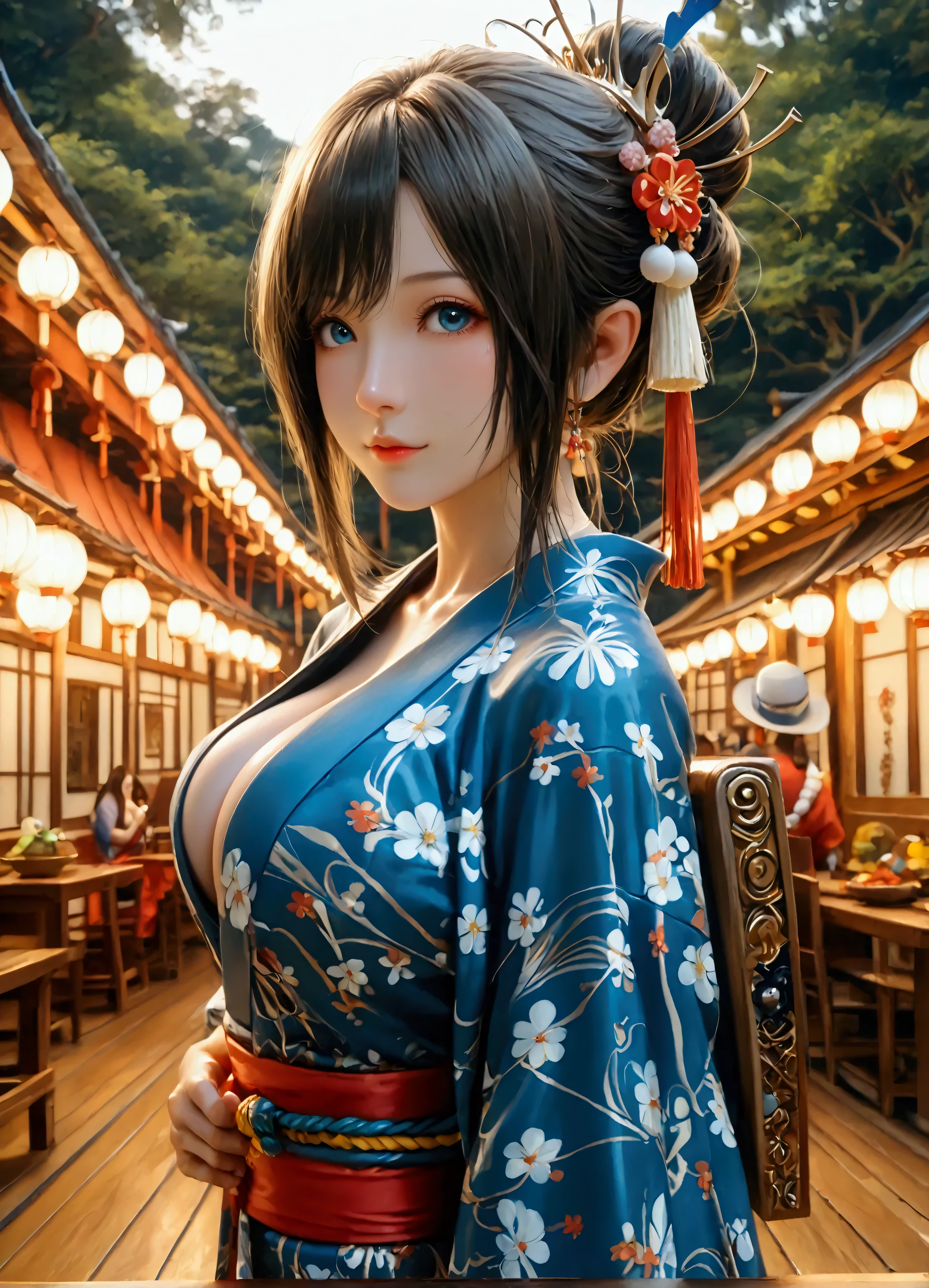 (8k, top quality, Masterpiece , Final Fantasy Style: 1.2),Atmospheric perspective, 8K, Very detailed, Accurate, Highest quality, masterpiece, Very detailed,Sharp focus, High resolution, accurate hand expression, fullbody shot of a female elf, very humid summer night, Complex Light, ,Japan's Bon Odori Festival, many stalls ,, (fullbody:1.5),, (:1.3), Complex, Narrow Face, elegant, wearing a Japanese traditional Yukata, informal summer kimono,, ((large breasts:1.2), (huge breasts:1.2), (Uplifted and well-defined bust:1.2), (lifted chest:1.2), (perky breasts :1.2),(deep cleavage:1.4),()) and a huge waist, (sexy long legs, whole body picture:1.5), (:1.5)), To the camera, Very detailed, Digital Painting, Art Station, Concept Art, Smooth, Sharp focus, figure, ArtJam, Greg Rutkowski, Art by Alphonse Mucha, 8K, Volumetric Fog, bloom, light, lumen, Crank blur