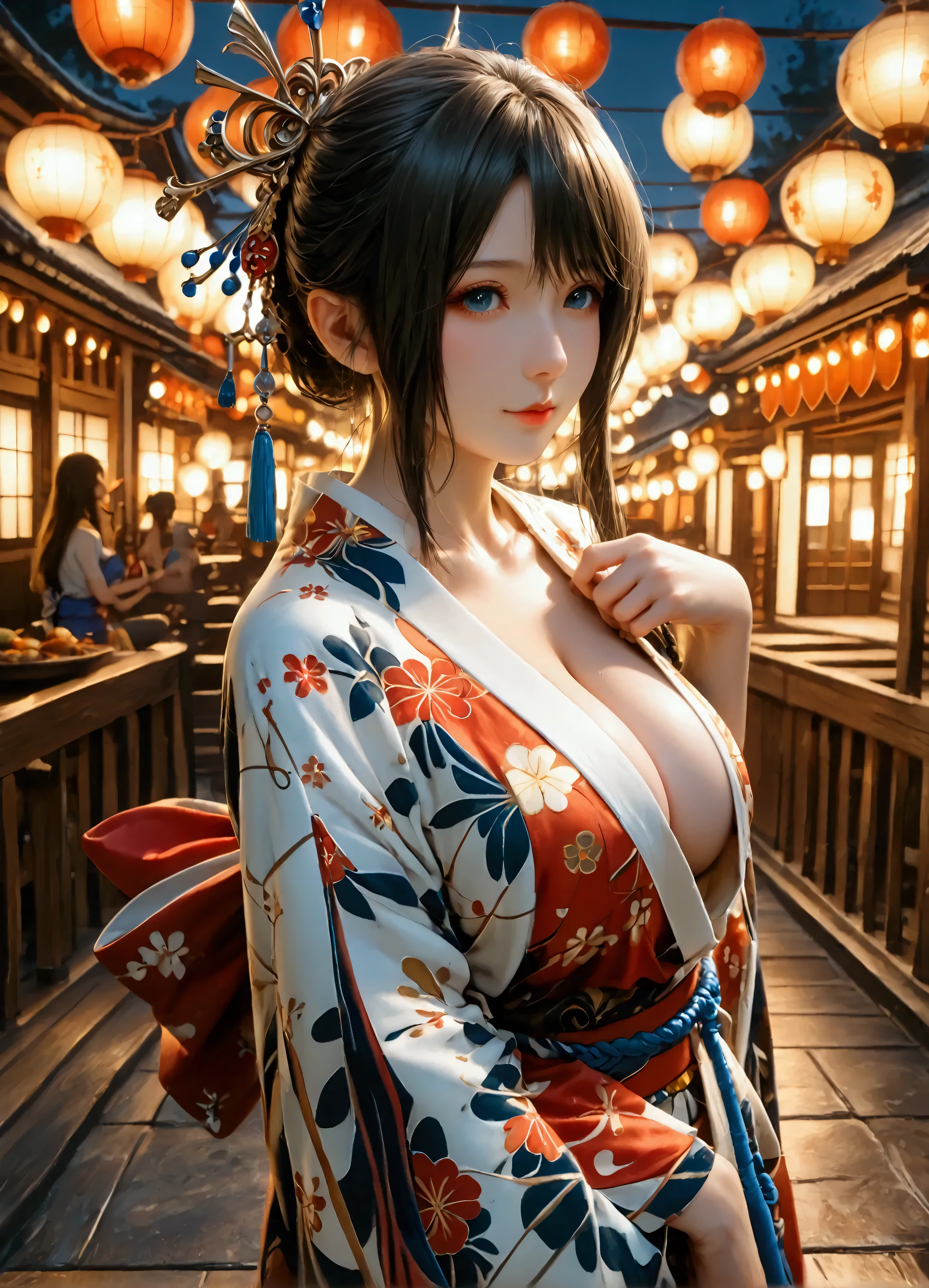 (8k, top quality, Masterpiece , Final Fantasy Style: 1.2),Atmospheric perspective, 8K, Very detailed, Accurate, Highest quality, masterpiece, Very detailed,Sharp focus, High resolution, accurate hand expression, fullbody shot of a female elf, very humid summer night, Complex Light, ,Japan's Bon Odori Festival, many stalls ,, (fullbody:1.5),, (:1.3), Complex, Narrow Face, elegant, wearing a Japanese traditional Yukata, informal summer kimono,, ((large breasts:1.2), (huge breasts:1.2), (Uplifted and well-defined bust:1.2), (lifted chest:1.2), (perky breasts :1.2),(deep cleavage:1.4),()) and a huge waist, (sexy long legs, whole body picture:1.5), (:1.5)), To the camera, Very detailed, Digital Painting, Art Station, Concept Art, Smooth, Sharp focus, figure, ArtJam, Greg Rutkowski, Art by Alphonse Mucha, 8K, Volumetric Fog, bloom, light, lumen, Crank blur