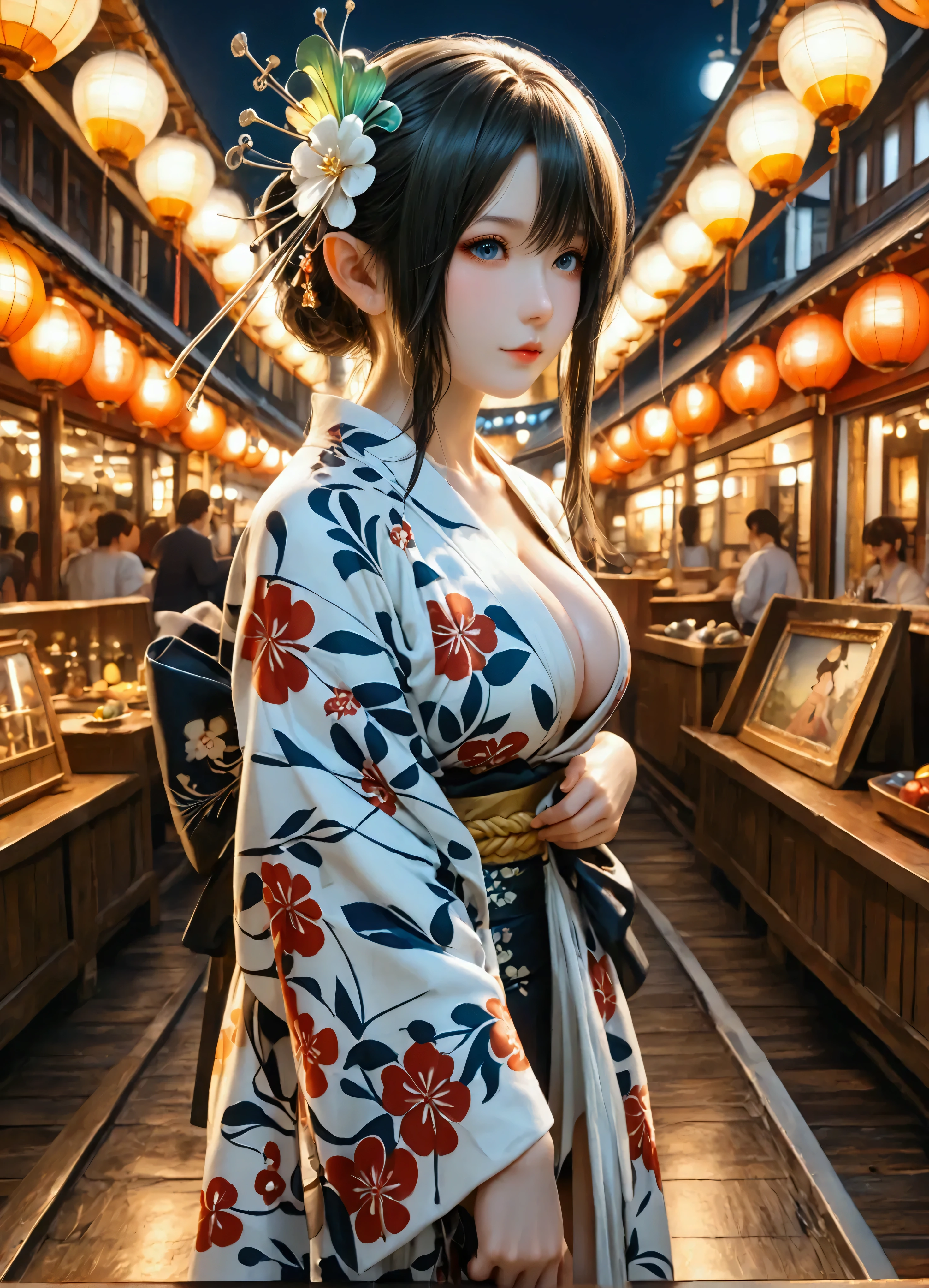 (8k, top quality, Masterpiece , Final Fantasy Style: 1.2),Atmospheric perspective, 8K, Very detailed, Accurate, Highest quality, masterpiece, Very detailed,Sharp focus, High resolution, accurate hand expression, fullbody shot of a female elf, very humid summer night, Complex Light, ,Japan's Bon Odori Festival, many stalls ,, (fullbody:1.5),, (:1.3), Complex, Narrow Face, elegant, wearing a Japanese traditional Yukata, informal summer kimono,, ((large breasts:1.2), (huge breasts:1.2), (Uplifted and well-defined bust:1.2), (lifted chest:1.2), (perky breasts :1.2),(deep cleavage:1.4),()) and a huge waist, (sexy long legs, whole body picture:1.5), (:1.5)), To the camera, Very detailed, Digital Painting, Art Station, Concept Art, Smooth, Sharp focus, figure, ArtJam, Greg Rutkowski, Art by Alphonse Mucha, 8K, Volumetric Fog, bloom, light, lumen, Crank blur