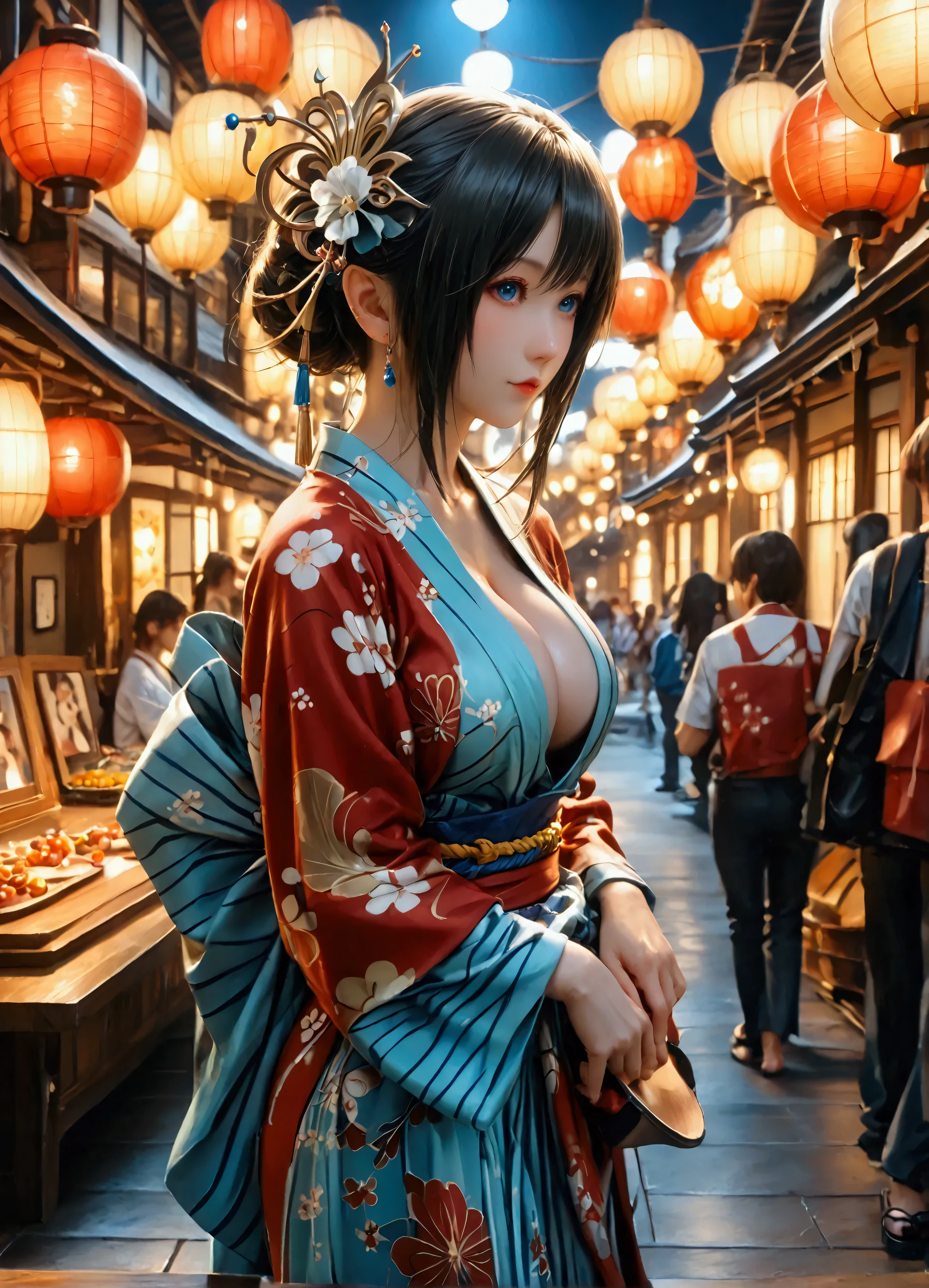 (8k, top quality, Masterpiece , Final Fantasy Style: 1.2),Atmospheric perspective, 8K, Very detailed, Accurate, Highest quality, masterpiece, Very detailed,Sharp focus, High resolution, accurate hand expression, fullbody shot of a female elf, very humid summer night, Complex Light, ,Japan's Bon Odori Festival, many stalls ,, (fullbody:1.5),, (:1.3), Complex, Narrow Face, elegant, wearing a Japanese traditional Yukata, informal summer kimono,, ((large breasts:1.2), (huge breasts:1.2), (Uplifted and well-defined bust:1.2), (lifted chest:1.2), (perky breasts :1.2),(deep cleavage:1.4),()) and a huge waist, (sexy long legs, whole body picture:1.5), (:1.5)), To the camera, Very detailed, Digital Painting, Art Station, Concept Art, Smooth, Sharp focus, figure, ArtJam, Greg Rutkowski, Art by Alphonse Mucha, 8K, Volumetric Fog, bloom, light, lumen, Crank blur