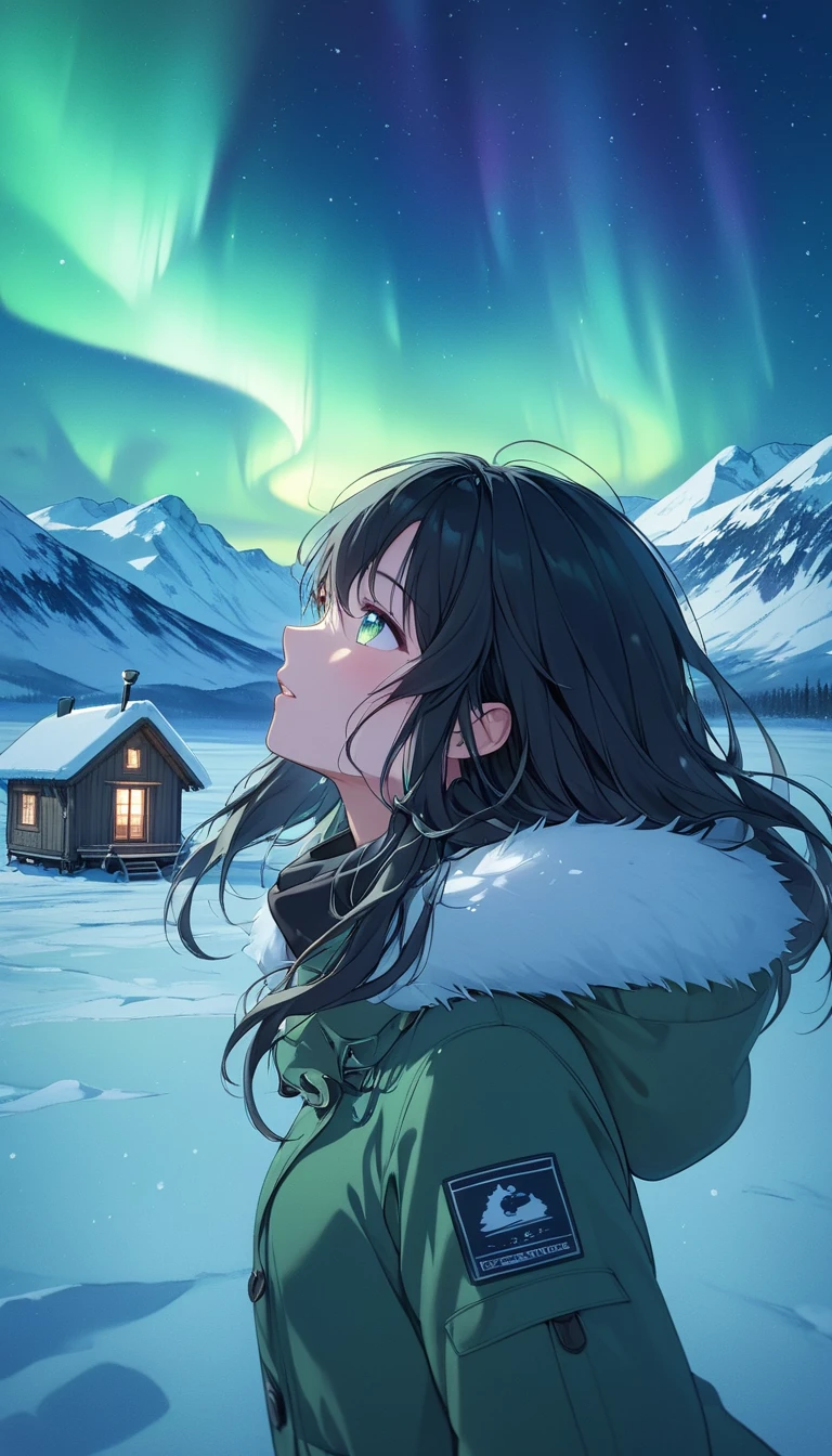 (((Best quality, 8k, Masterpiece: 1.3)), ((best quality)), ((masterpiece)), (detailed), perfect face, perfect body, (detailed skin:1.3), (intricate details), A 20-something French woman enjoying a trip to the Nordic regions, standing under a breathtaking aurora borealis in the night sky. She has shoulder-length dark hair and is wearing a stylish winter outfit, including a warm parka, scarf, and gloves, perfect for the chilly Arctic weather. The vibrant green and purple colors of the aurora illuminate the snow-covered landscape, creating a dreamlike and magical atmosphere. She looks upward in awe, her face softly lit by the shimmering lights. The scene includes a snowy expanse, distant mountains, and a small wooden cabin glowing faintly in the background, adding a cozy touch to the vast wilderness