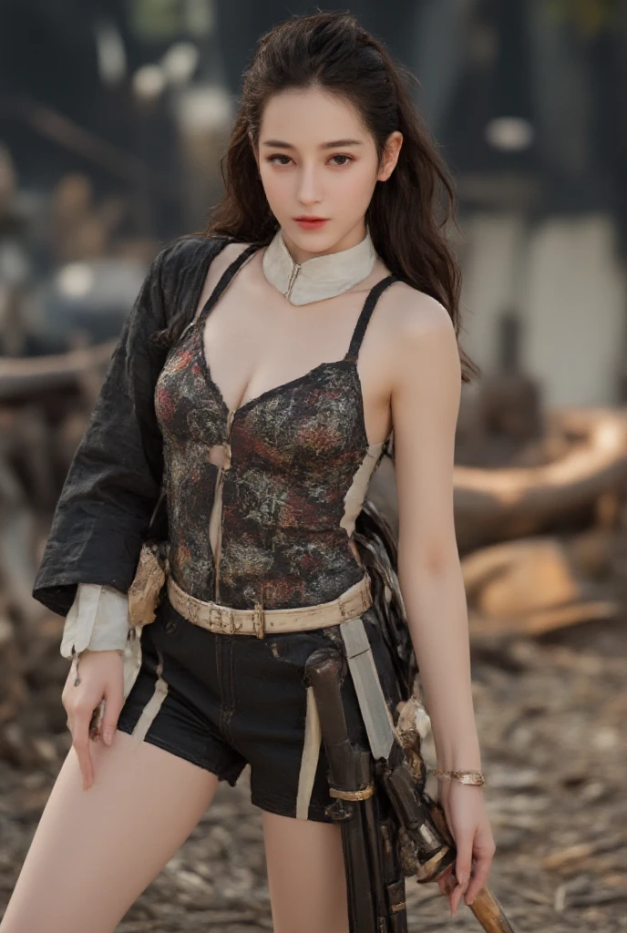 (Masterpiece)1.5, 4k, Realistic, high-definition photography, full body top view,
" adult, cute Asian idol, beautiful face"
 (Appearance: High nose bridge, Luscious cheek, 
 Very long twisted updo hairstyle,
 Glowing beautiful white skin, Athletic body, 
 Wearing a pretty combat tanktop with shirt outer and short pants), with some armory, and weapons,
 Emphasis: war cinematic drama, 