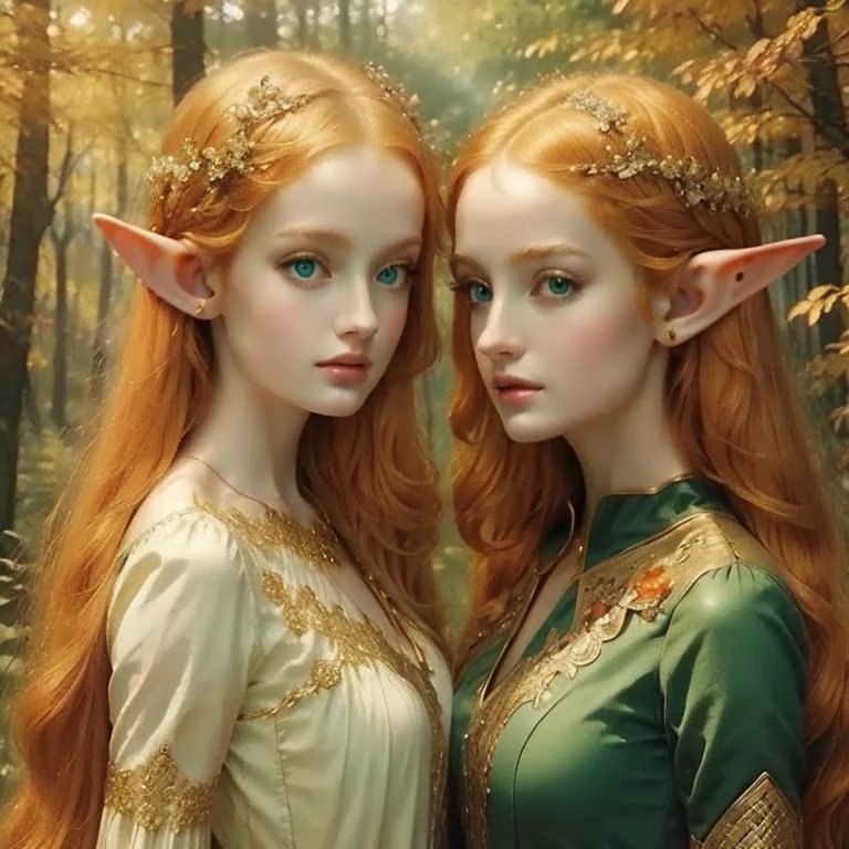 ( masterpiece ),  best quality ,  expressive eyes ,  perfect face, two adventurous girls, ( 1 , elf ears,  blonde hair ,  green eyes,  green dress , jewelry, magic user ), ( 2 , elf ears,  orange hair ,  brown-eyed ,  leather armor, fighter) ,  magic forest background