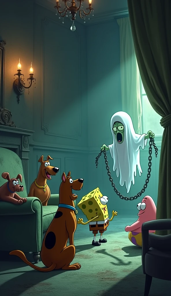 A large old room , illuminated by rusty chandeliers and an unlit fireplace . Torn curtains sway in the wind . Scooby-Doo and Shaggy are hiding behind a dusty couch , while SpongeBob , Still smiling , looks at a ghostly figure floating in the middle of the room . The 'ghost' wears a white sheet and holds chains , but with a closer look , you can see Squid Mollusc's legs sticking out from the side of low. Patrick, doesn't understand the danger , plays with the chains . Scooby has his eyes wide open and Shaggy holds Scooby in fear ."