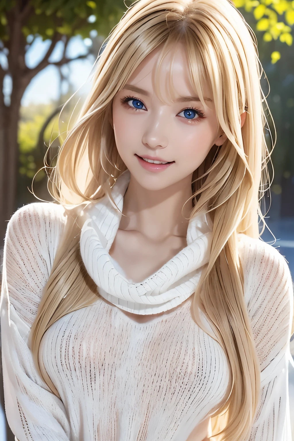 1 person、((Virgin Killer Sweater))、blue sky、Bright and very beautiful face、young, Glowing White Skin、Best Looks、Blonde hair that reflects the light brilliantly、with shiny beautiful blonde hair、Very long silky straight hair、Long Bangs、 Very Beautiful、big, clear, Bright Blue Eyes、beautiful、Adorable、beautiful