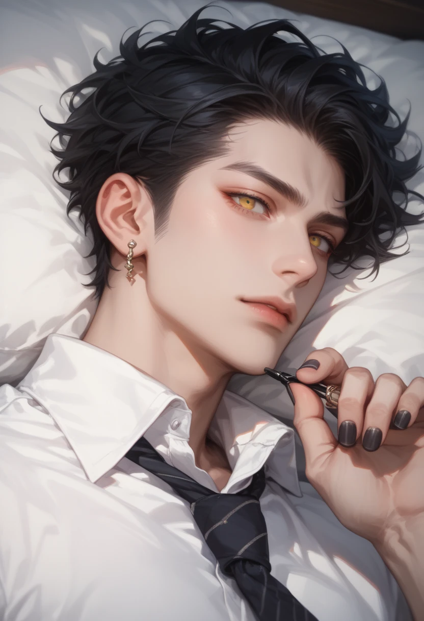 (score_9, score_8_up), score_7_up, adult male, shirt, black hair, 1boy, yellow eyes, upper body, male focus, earrings, lying, focus, chest, nail polish, black nails, out of frame, reality, adjusting tie