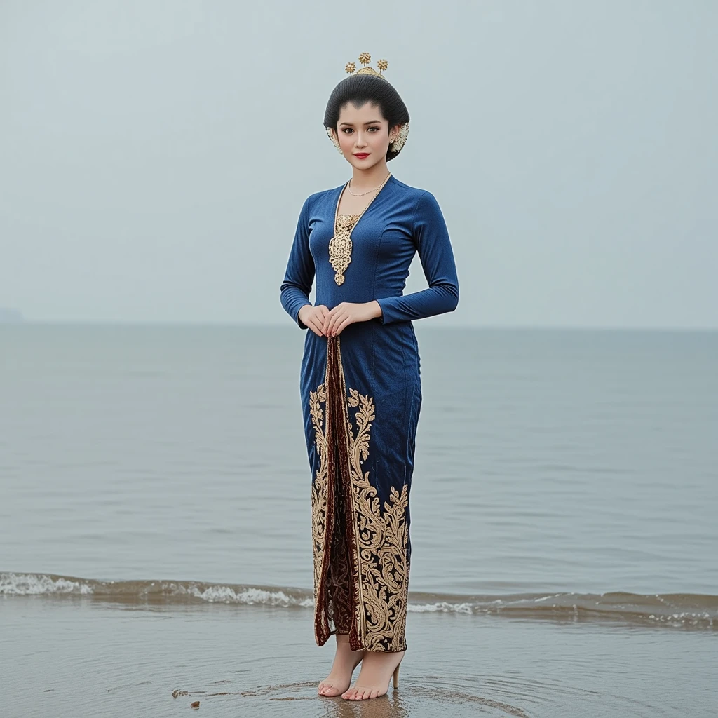 a beautiful female model wearing a blue kebaya and wearing a brown batik sarong, dress and wearing high heels and she is standing on the edge of the sea and her expression is smiling faintly