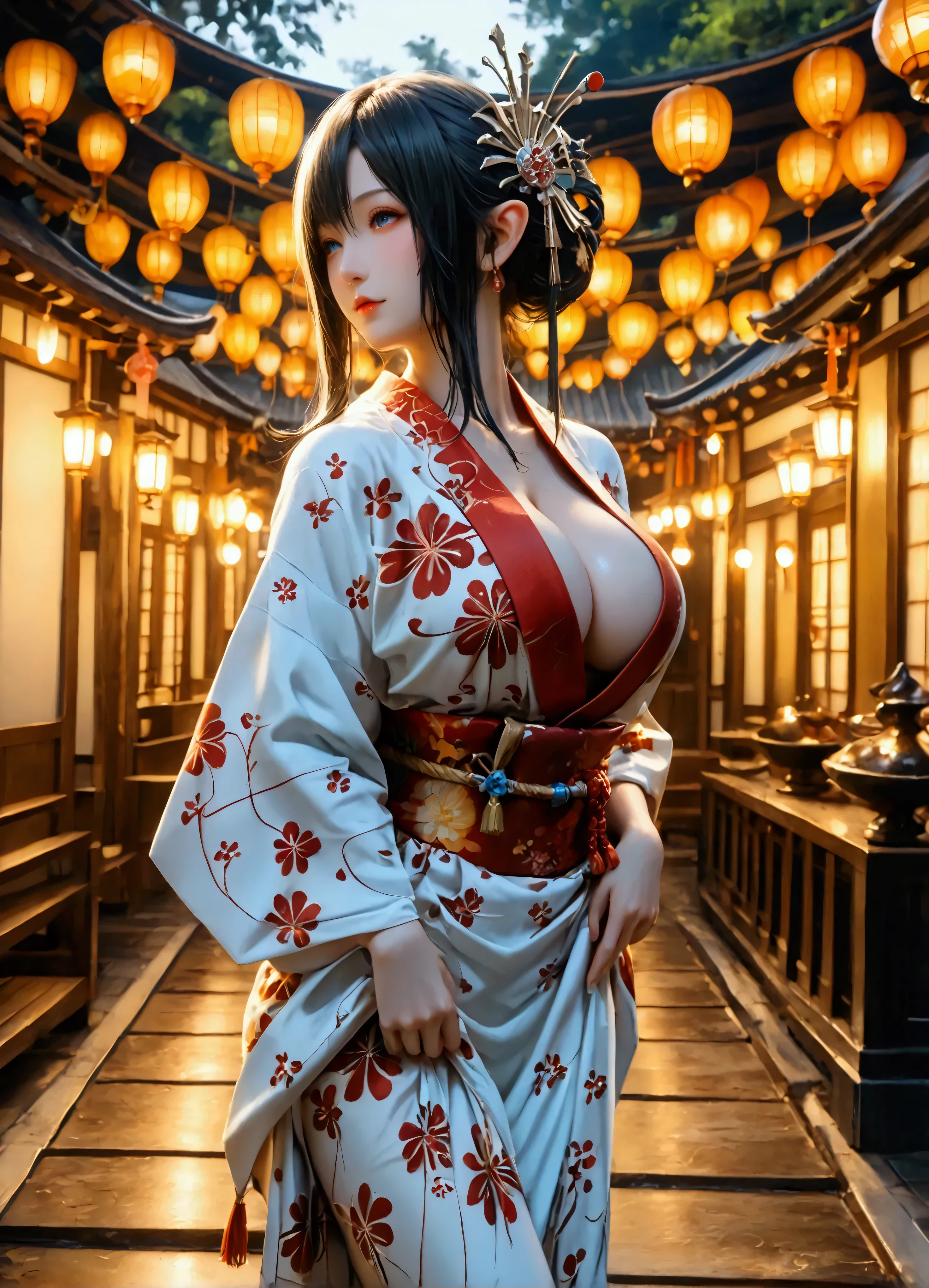 (8k, top quality, Masterpiece , Final Fantasy Style: 1.2),Atmospheric perspective, 8K, Very detailed, Accurate, Highest quality, masterpiece, Very detailed,Sharp focus, High resolution, accurate hand expression, fullbody shot of a female elf, very humid summer night, Complex Light, ,Japan's Bon Odori Festival, many stalls ,, (fullbody:1.5),, (:1.3), Complex, Narrow Face, elegant, wearing a Japanese traditional Yukata, informal summer kimono,, ((large breasts:1.2), (huge breasts:1.2), (Uplifted and well-defined bust:1.2), (lifted chest:1.2), (perky breasts :1.2),(deep cleavage:1.4),()) and a huge waist, (sexy long legs, whole body picture:1.5), (:1.5)), To the camera, Very detailed, Digital Painting, Art Station, Concept Art, Smooth, Sharp focus, figure, ArtJam, Greg Rutkowski, Art by Alphonse Mucha, 8K, Volumetric Fog, bloom, light, lumen, Crank blur