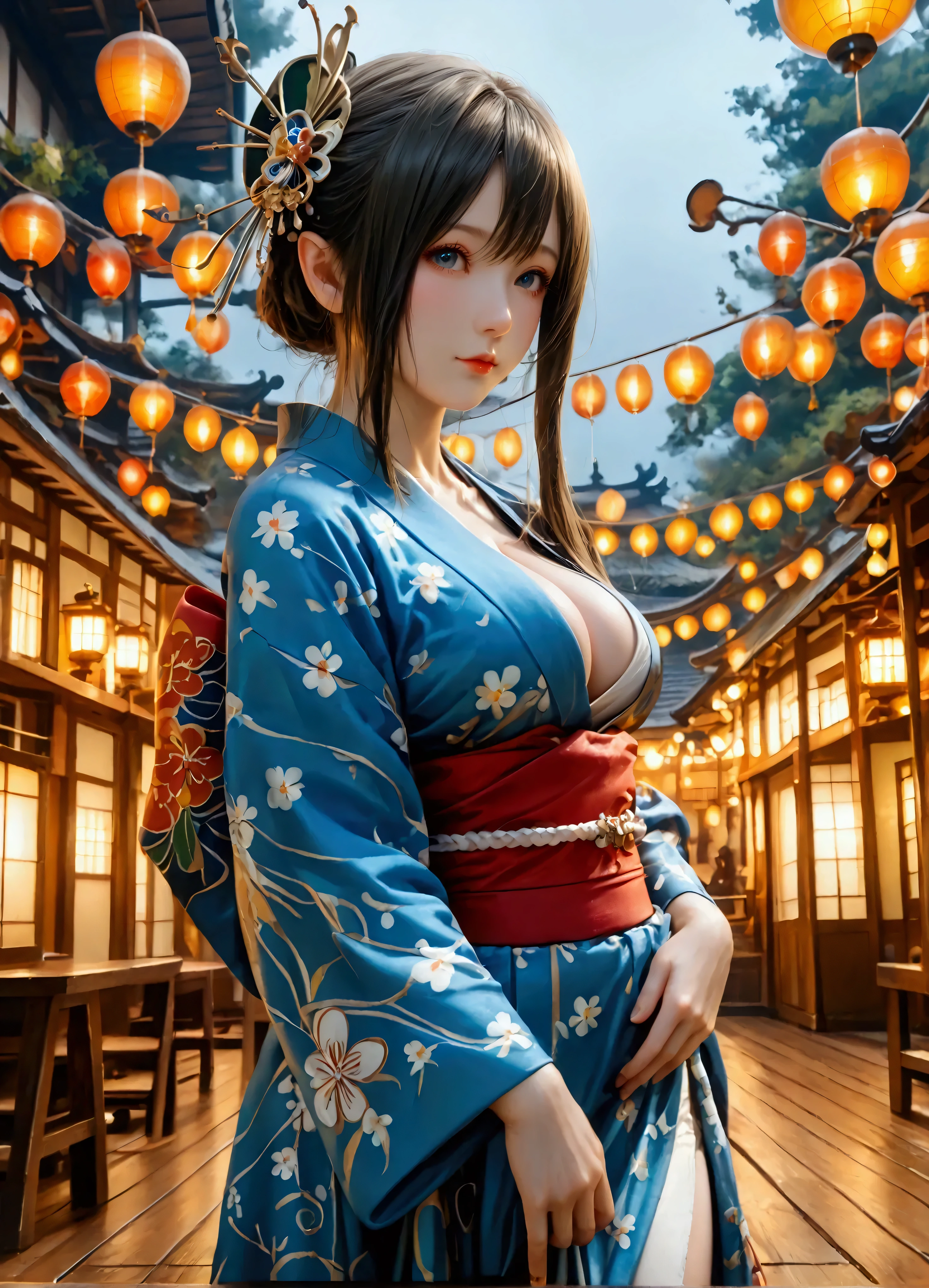 (8k, top quality, Masterpiece , Final Fantasy Style: 1.2),Atmospheric perspective, 8K, Very detailed, Accurate, Highest quality, masterpiece, Very detailed,Sharp focus, High resolution, accurate hand expression, fullbody shot of a female elf, very humid summer night, Complex Light, ,Japan's Bon Odori Festival, many stalls ,, (fullbody:1.5),, (:1.3), Complex, Narrow Face, elegant, wearing a Japanese traditional Yukata, informal summer kimono,, ((large breasts:1.2), (huge breasts:1.2), (Uplifted and well-defined bust:1.2), (lifted chest:1.2), (perky breasts :1.2),(deep cleavage:1.4),()) and a huge waist, (sexy long legs, whole body picture:1.5), (:1.5)), To the camera, Very detailed, Digital Painting, Art Station, Concept Art, Smooth, Sharp focus, figure, ArtJam, Greg Rutkowski, Art by Alphonse Mucha, 8K, Volumetric Fog, bloom, light, lumen, Crank blur