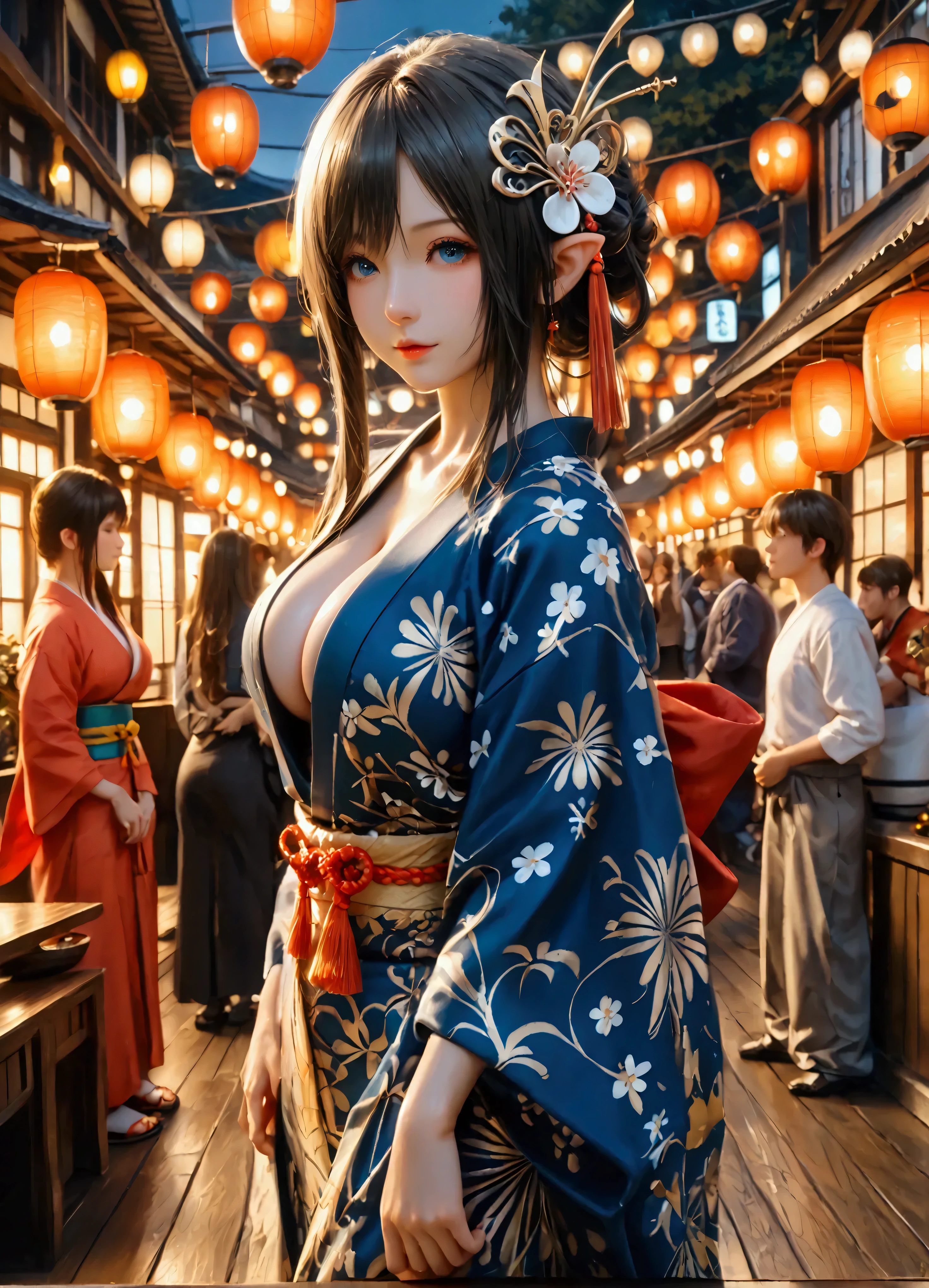 (8k, top quality, Masterpiece , Final Fantasy Style: 1.2),Atmospheric perspective, 8K, Very detailed, Accurate, Highest quality, masterpiece, Very detailed,Sharp focus, High resolution, accurate hand expression, fullbody shot of a female elf, very humid summer night, Complex Light, ,Japan's Bon Odori Festival, many stalls ,, (fullbody:1.5),, (:1.3), Complex, Narrow Face, elegant, wearing a Japanese traditional Yukata, informal summer kimono,, ((large breasts:1.2), (huge breasts:1.2), (Uplifted and well-defined bust:1.2), (lifted chest:1.2), (perky breasts :1.2),(deep cleavage:1.4),()) and a huge waist, (sexy long legs, whole body picture:1.5), (:1.5)), To the camera, Very detailed, Digital Painting, Art Station, Concept Art, Smooth, Sharp focus, figure, ArtJam, Greg Rutkowski, Art by Alphonse Mucha, 8K, Volumetric Fog, bloom, light, lumen, Crank blur