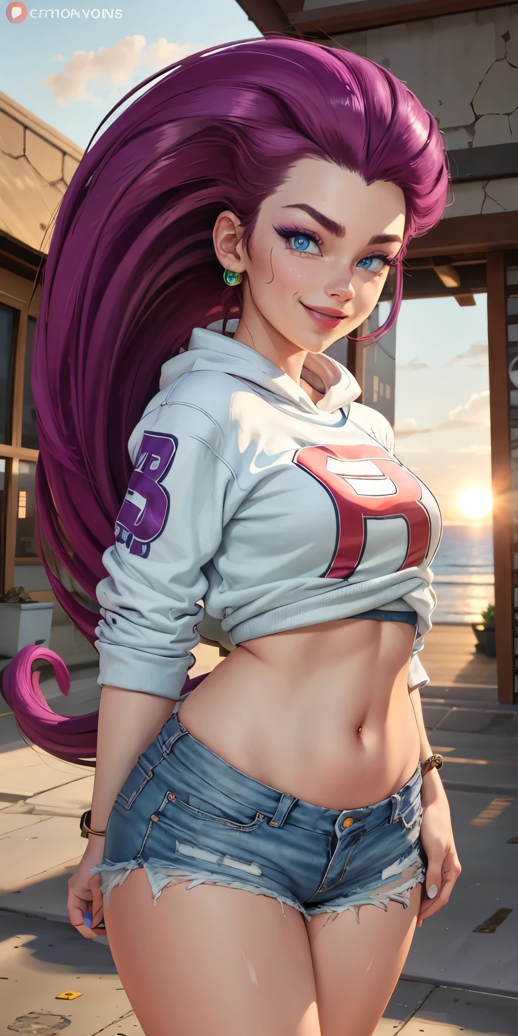 (masterpiece, best quality, absurd), exterior, sunset, EPpk Jessie, long hair, slicked back hair, purple hair, blue eyes, smile, thick thighs, shorts, sweatshirt, belly