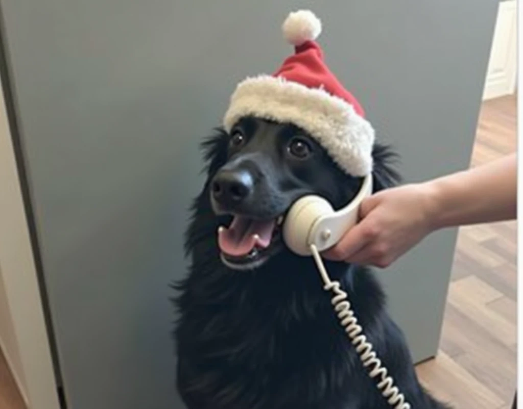 Put the word "Hello, this is dog." on top, and "Merry Christmas" at the bottom. Dog wears a Santa hat while talking on the phone. A hand holding the phone for the dog. 