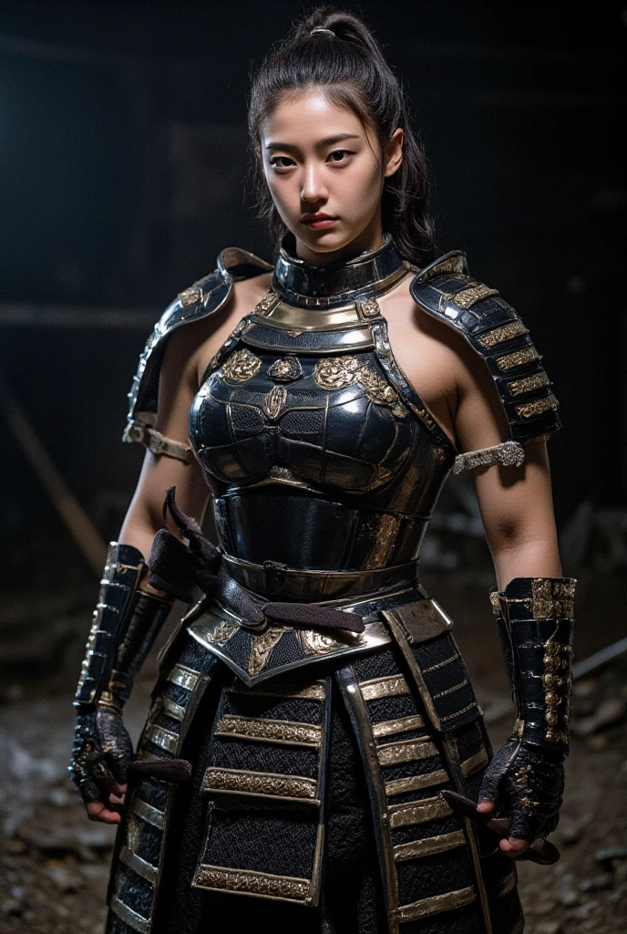 A fiercely determined samurai girl, her refined features stand out amidst her battle-worn appearance: stoic expression, piercing eyes reflecting unwavering focus, and armor bearing the marks of countless battles. The image, a powerful painting, portrays her in an intense combat stance, katana gleaming with a polished steel edge. Rich hues and masterful brushstrokes bring to life every intricate detail of her ornate armor and flowing robes, while the artist's skill captures the essence of her indomitable spirit. This extraordinary artwork displays an exquisite combination of strength and grace, showcasing the timeless allure of the samurai warrior.