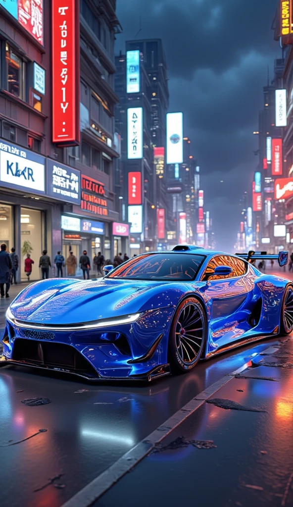 cyberpunk、masterpiece、 Anatomically Correct 、 top quality 、 High Details、Neon Buildings、 Fairlady Zs30 、Blue Devil's Z 、 Custom 、 Wide Wheels 、Lowdown 、 Detailed Blister Fender、 Full Smoke 、Wine red color、 frame position , 