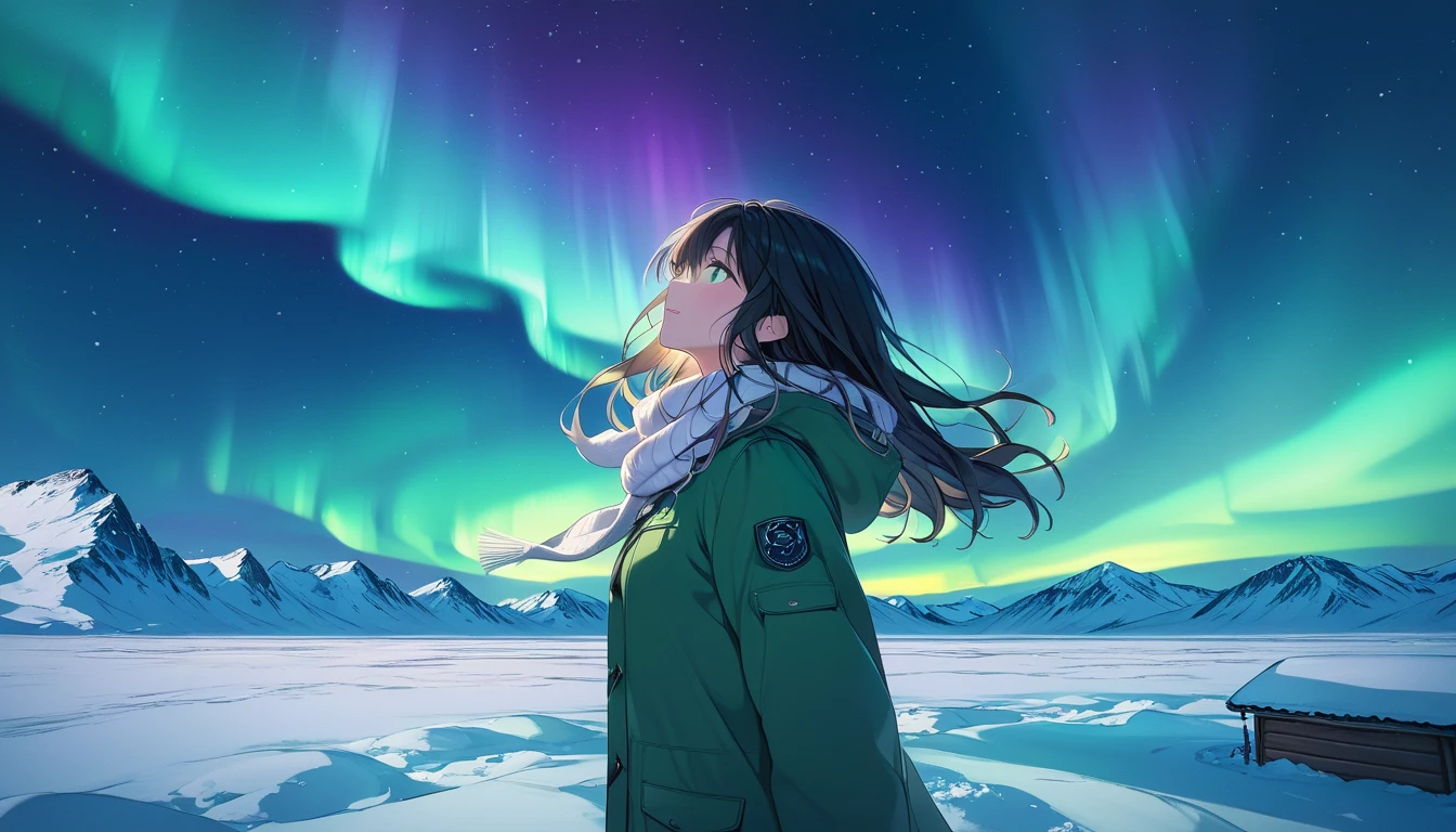 (((Best quality, 8k, Masterpiece: 1.3)), ((best quality)), ((masterpiece)), (detailed), perfect face, perfect body, (detailed skin:1.3), (intricate details), A 20-something French woman enjoying a trip to the Nordic regions, standing under a breathtaking aurora borealis in the night sky. She has shoulder-length dark hair and is wearing a stylish winter outfit, including a warm parka, scarf, and gloves, perfect for the chilly Arctic weather. The vibrant green and purple colors of the aurora illuminate the snow-covered landscape, creating a dreamlike and magical atmosphere. She looks upward in awe, her face softly lit by the shimmering lights. The scene includes a snowy expanse, distant mountains, and a small wooden cabin glowing faintly in the background, adding a cozy touch to the vast wilderness