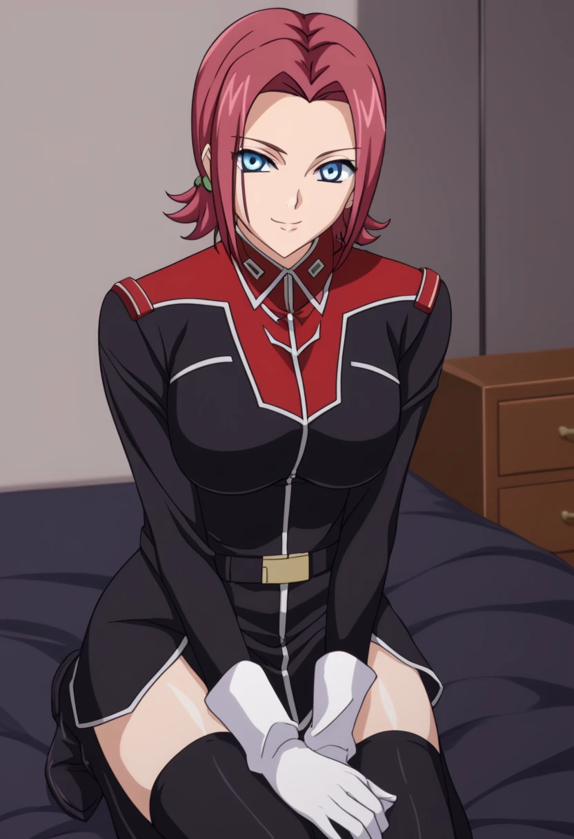 score_9、 score_8_up、 score_7_up、  1 girl、Alone、  1 girl、Kallen Stadtfeld、 redhead、 short hair、 blue eyes、Big Breasts、、{{{{  titan costume  }}}}、、uniform、  Long Sleeve  、、  black calf-length socks  、Knee Boots、  Black Bed  room、  CASTLE ROOM CLOSET  、  Black Bed  、  Black Bed  に横たわる、、happiness、smile、 the above,