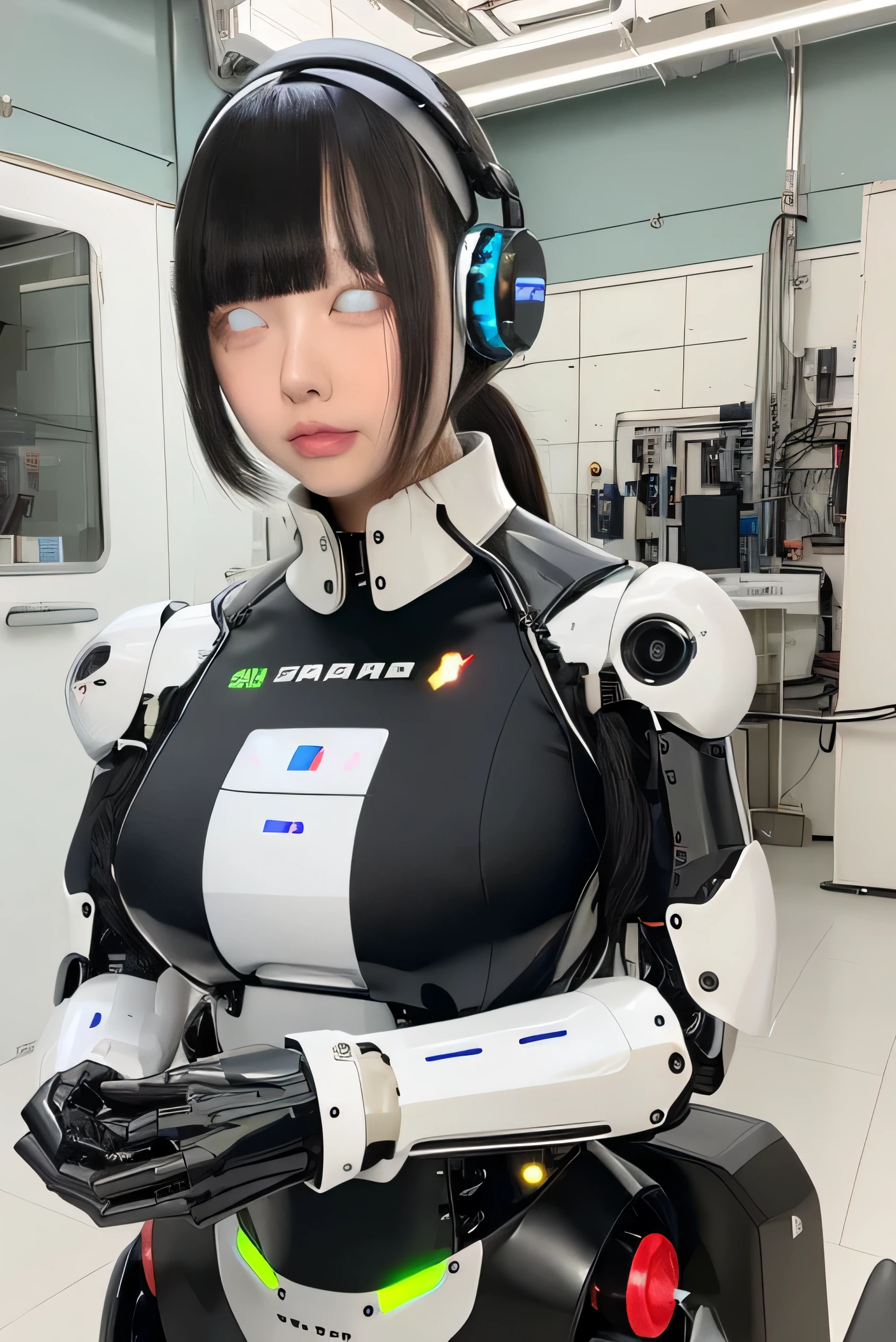 masterpiece, best quality, extremely detailed, portrait,Japaese android girl,Plump,a bit chubby,control panels,android,Droid,Mechanical Hand, ,Robot arms and legs, Black hair,Mechanical body,Blunt bangs,White Robotics Parts,perfect robot woman,Charging spot,Long Tube,A thick cable was connected to her neck,perfect mechanical body,white robotics body,future assembly plant,white body,She has repaired,black sponge joints,android assembly plant,android,laboratory,perfect machine body,white robot body,shirome