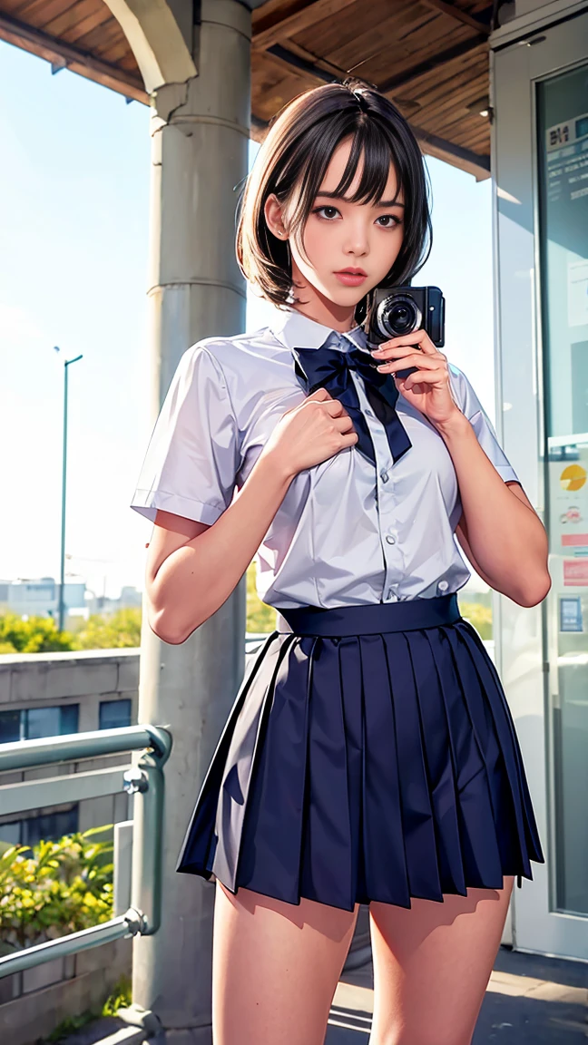 hight resolution、high-level image quality、in 8K、Real live-action、Raw photography、top-quality、​masterpiece、masutepiece、Erotic、Pupils、Pink bra,de pele branca,kne, Detailed panty patterns、panties focus、Pink lace panties、absurderes,a small face、huge-breasted、poneyTail、Parting the bangs from the middle、Forehead visible,(a cold expression<Tight eyes,glares,Bullish,Thin anger)、​masterpiece,top-quality、超A high resolution,Raw photo,ren,Beautiful fece,One Person, 独奏,Dark look,Small breasts,fullllbody、Very nice、Officelady, Black Office Blazer, Office Skirt, (panthyhose: 1.2)、(Short button-down shirt:1.2)、A Japanese Lady,is standing,（Photorealsitic：1.37）、Photon mapping,Pink ribbon,Realistic、Cute little face,Brown-eyed、18 years old, adult  woman、(Red bow tie)、Radio City、Physically Based Rendering、Foreground、depth of fields、Blurry background、a picture,The girls、Body,beauty legs, Long legs, Thin leg,Long bob cut,(Bangs are visible), hair, s lips, Blue_The eye, nosesoft,(PINK SHIRT), (Navy Tight Skirt), Knees are visible,Sheer clothing, Thigh, Nogizaka Idol, 女優, Japanese ido、Sparkling eyes、shiny lip、too bright natural light、The Bright Sun、Too bright sunlight、