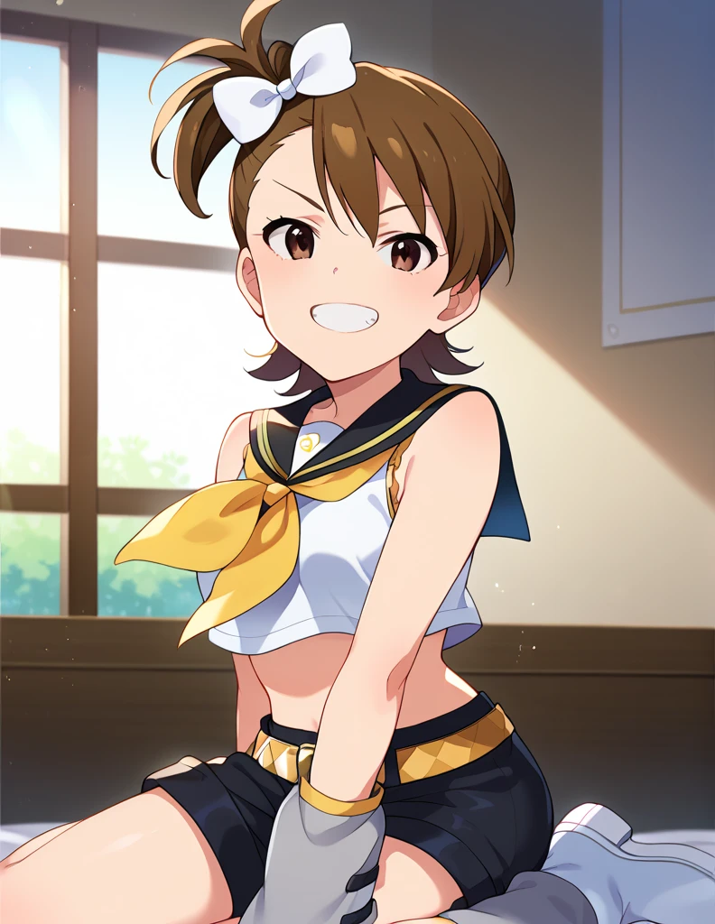 score_9, score_8_up, score_7_up, source_anime,
1girl, solo, cheerful, open mouth, smile, grin, serious face, looking at viewer, bedroom,
ftmam, short hair, brown hair, side ponytail, bangs, brown eyes, small breasts,
rinkagaminecosplay, rin kagamine \(cosplay\), bare shoulders, belt, black sailor collar, black shorts, bow, crop top, detached sleeves, grey legwear, grey shorts, grey sleeves, hair bow, leg warmers, neckerchief, sailor collar, school uniform, shirt, short shorts, short sleeves, shorts, white bow, white footwear, white shirt, yellow neckerchief,