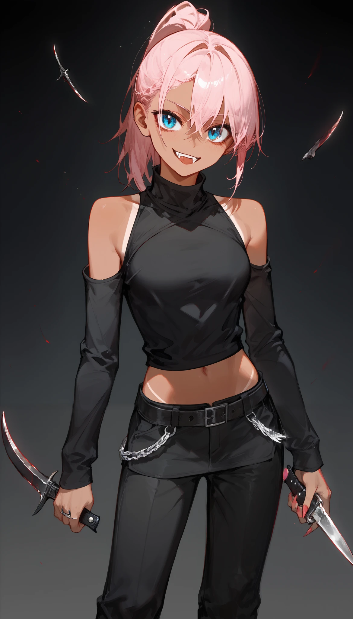 girl,Tan,Light pink hair,  in blue eyes , Small fangs , dark rings under the eyes,  3-sided ponytail , Killer shirt  ,Multiple belts  , Medium chest, , square sleeves  ,หน้าMedium chest,cool,, curving, shrinking,Scary smile,Tanned,Curved, shortened black back theme ,Holding a dagger, black trousers, Double Shoulder Blouse,Black Knife 