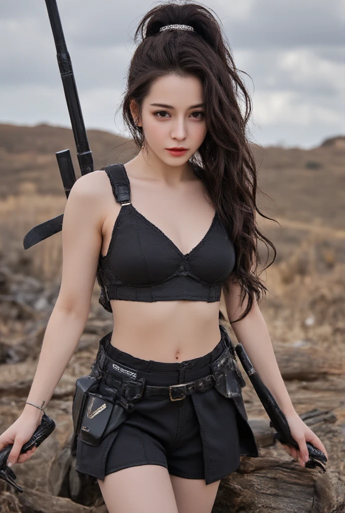 (Masterpiece)1.5, 4k, Realistic, high-definition photography, full body top view,
"***** adult, cute Asian idol, beautiful face"
 (Appearance: High nose bridge, Luscious cheek, 
 Very long twisted updo hairstyle,
 Glowing beautiful white skin, Athletic body, 
 Wearing a pretty combat tanktop with shirt outer and short pants), with some armory, and weapons,
 Emphasis: war cinematic drama, 